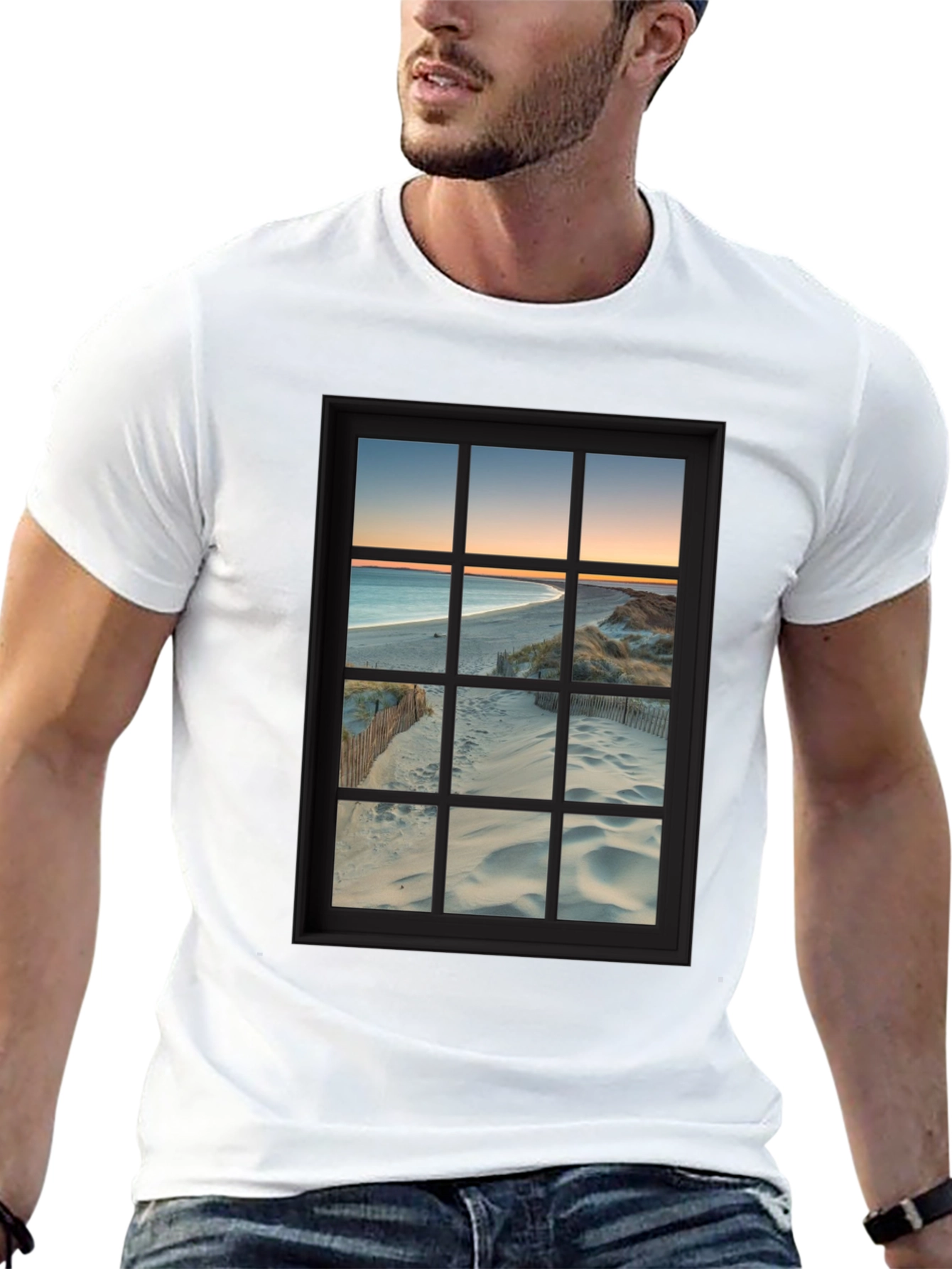 Beach View Window Graphic T-Shirt - Coastal Comfort