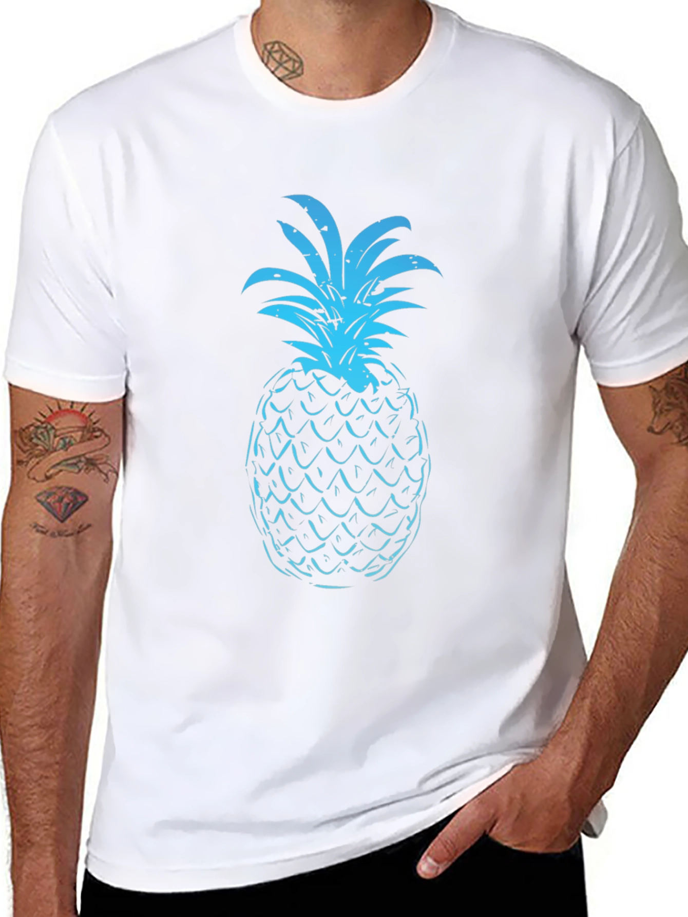 Blue Pineapple Graphic Print Black T-Shirt