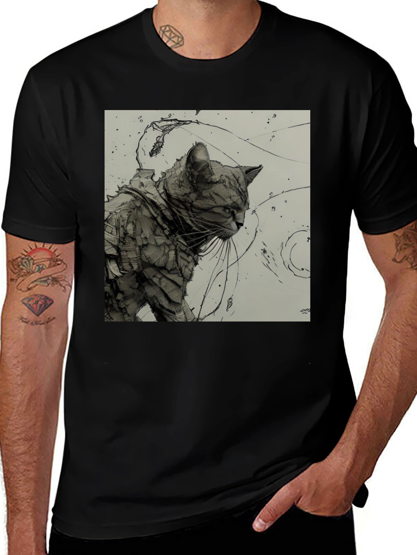 Artistic Cat Graphic Black T-Shirt