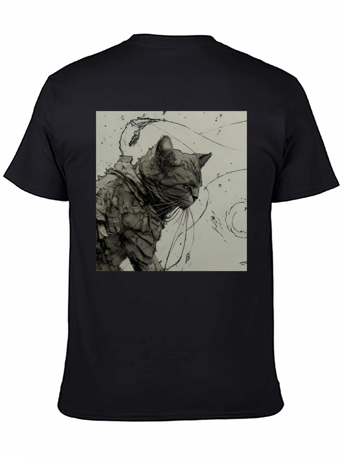 Artistic Cat Graphic Black T-Shirt