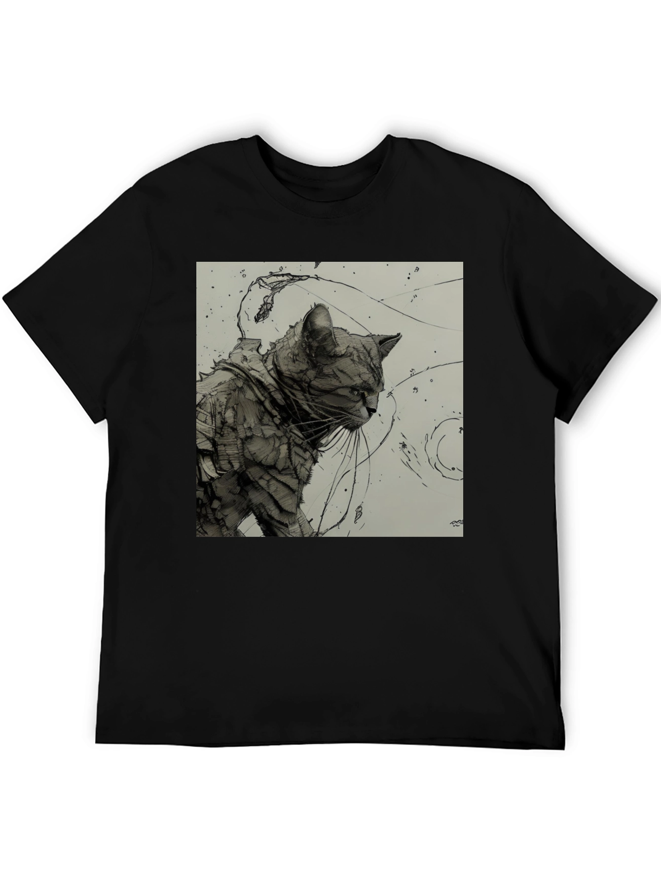 Artistic Cat Graphic Black T-Shirt
