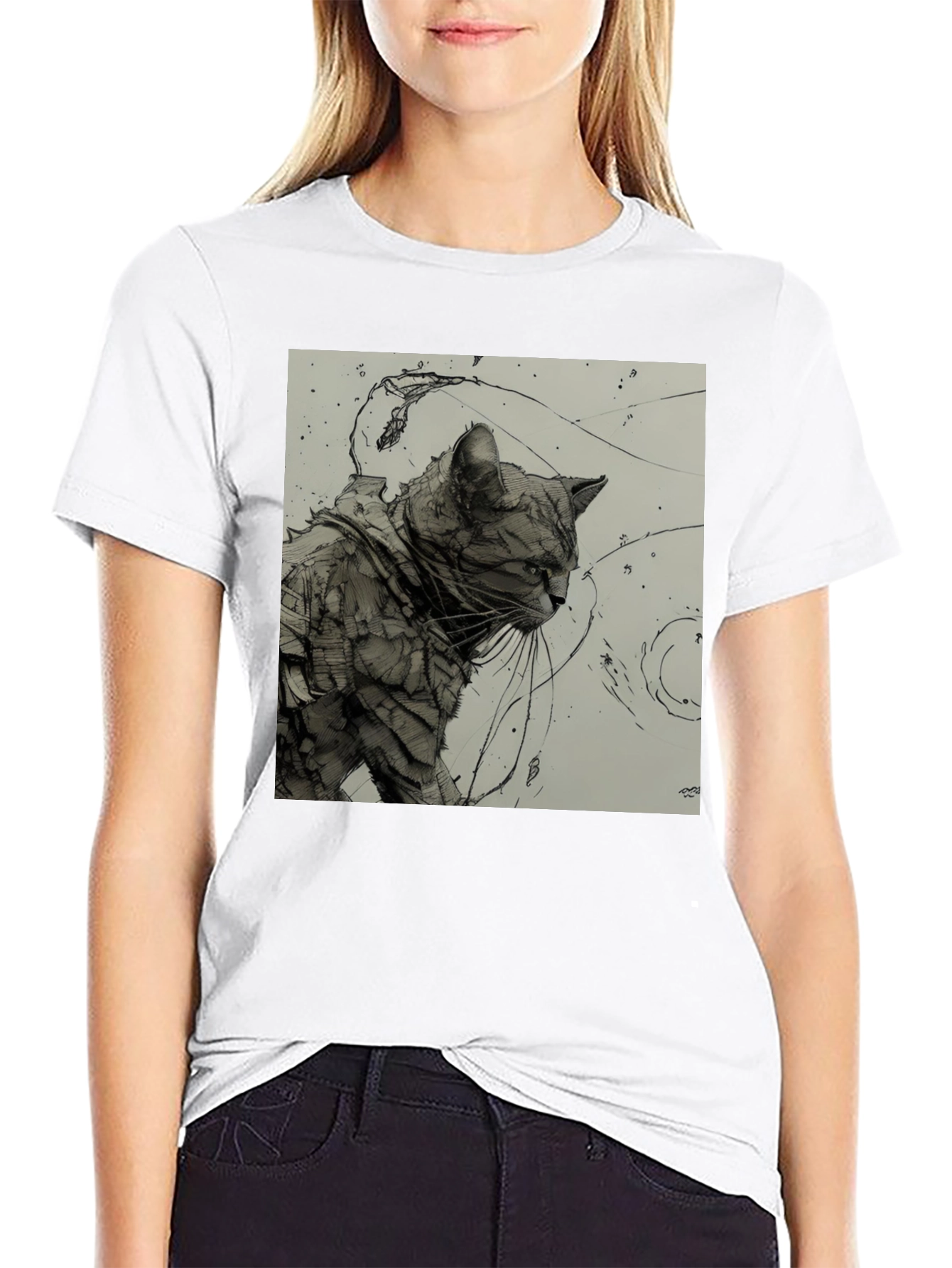 Artistic Cat Graphic Black T-Shirt