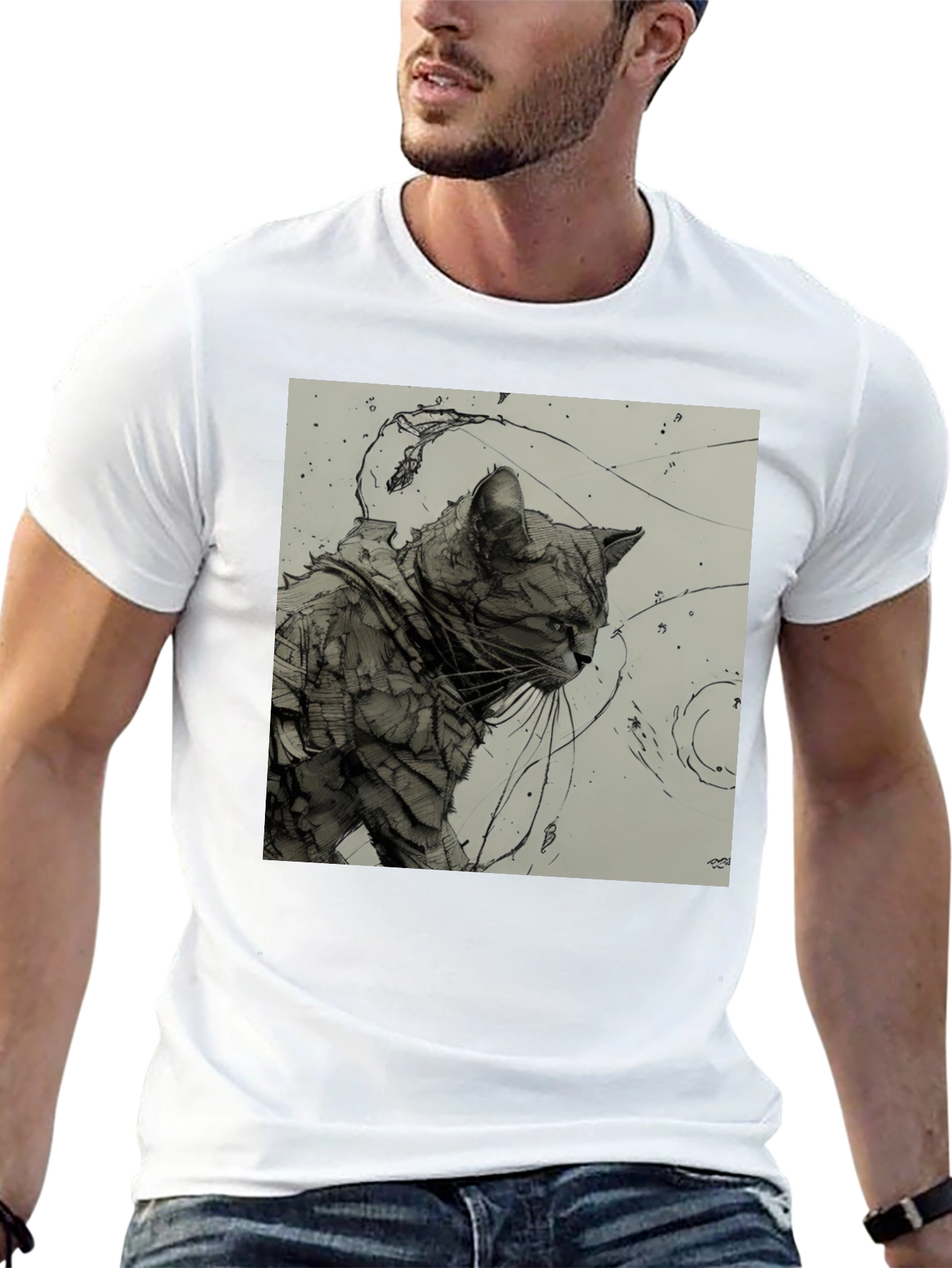 Artistic Cat Graphic Black T-Shirt