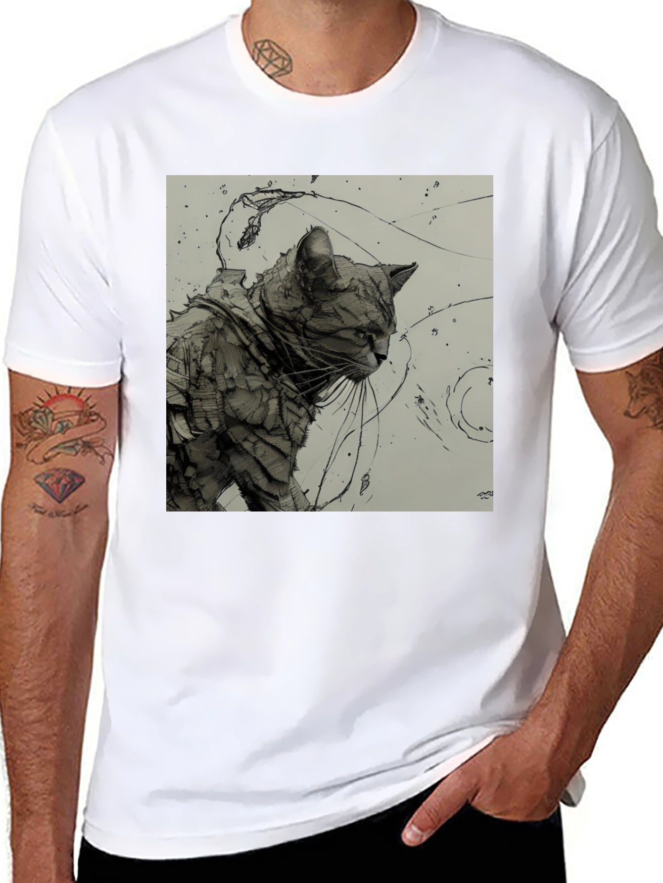 Artistic Cat Graphic Black T-Shirt