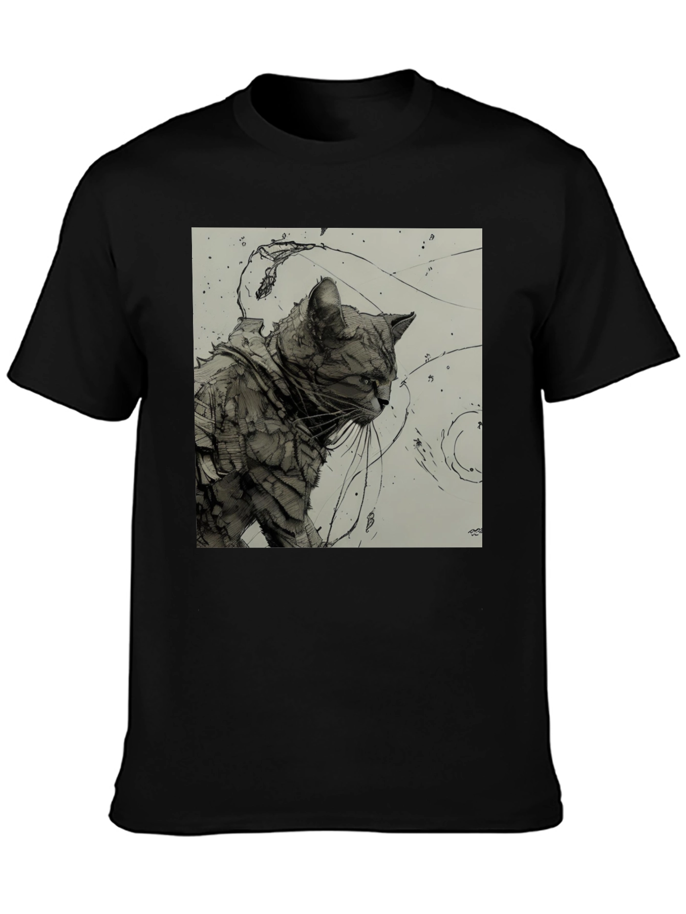 Artistic Cat Graphic Black T-Shirt