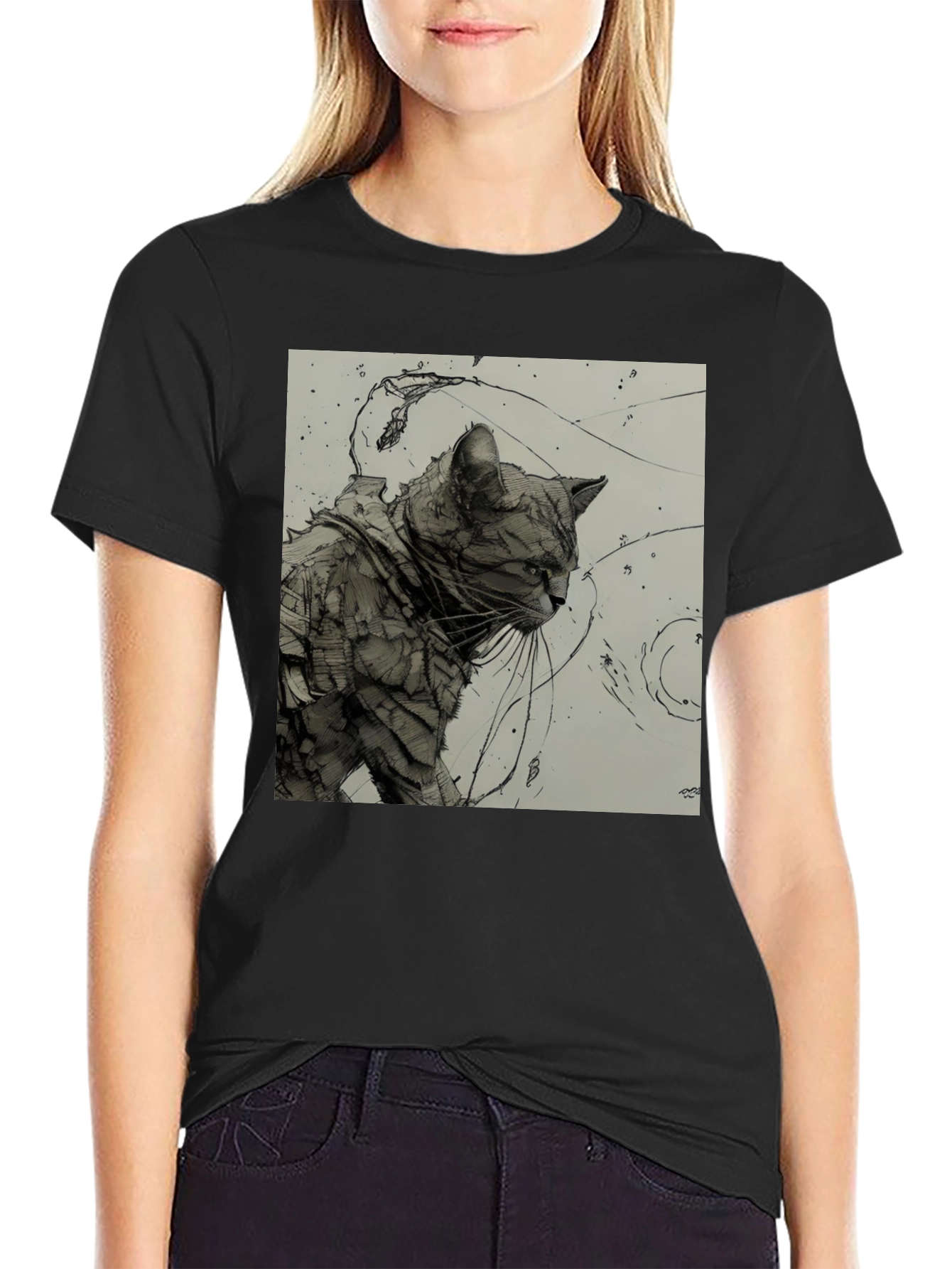 Artistic Cat Graphic Black T-Shirt