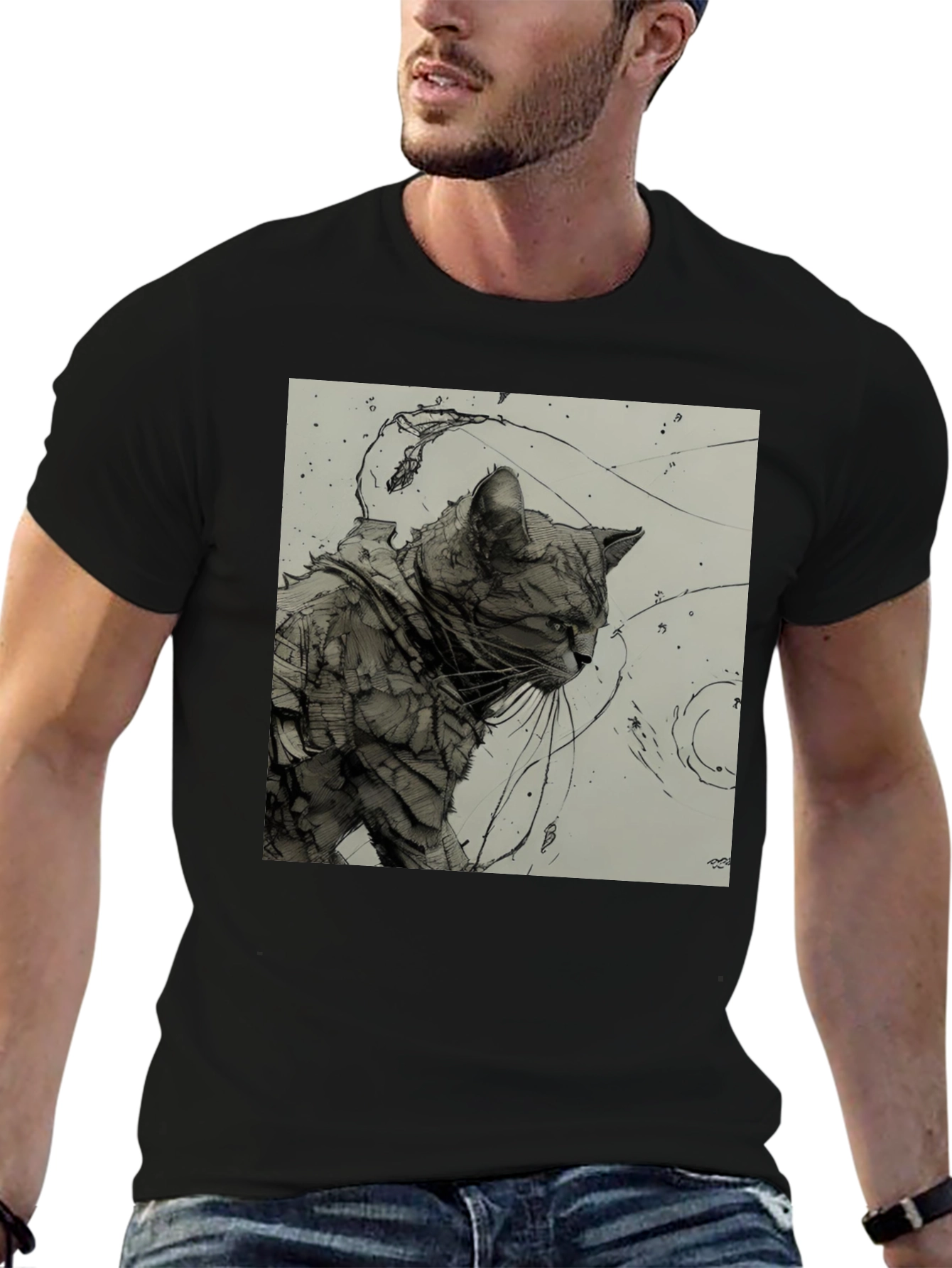 Artistic Cat Graphic Black T-Shirt