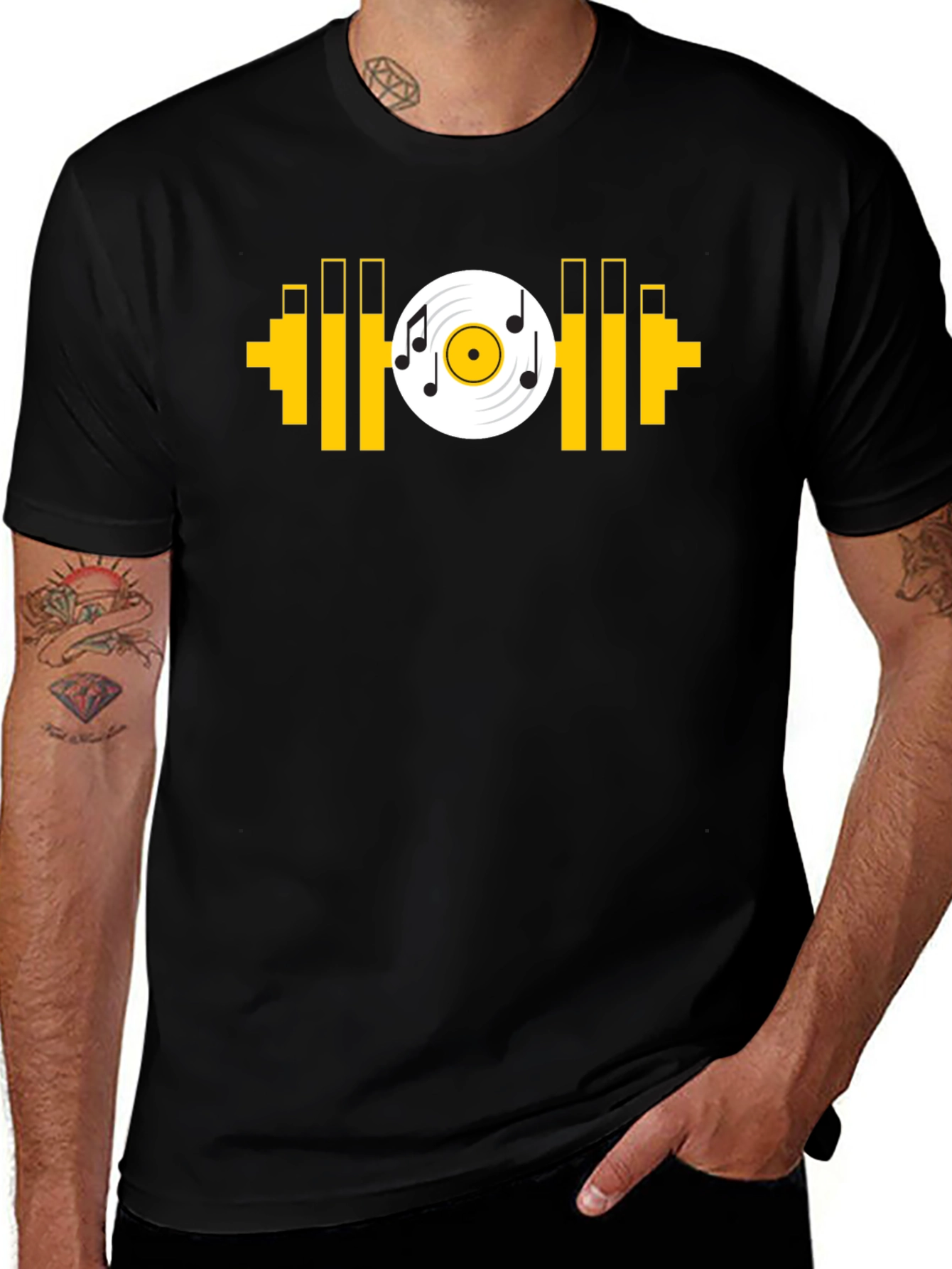 Music Gym T-Shirt: Black Tee with Dumbbell Vinyl Graphic