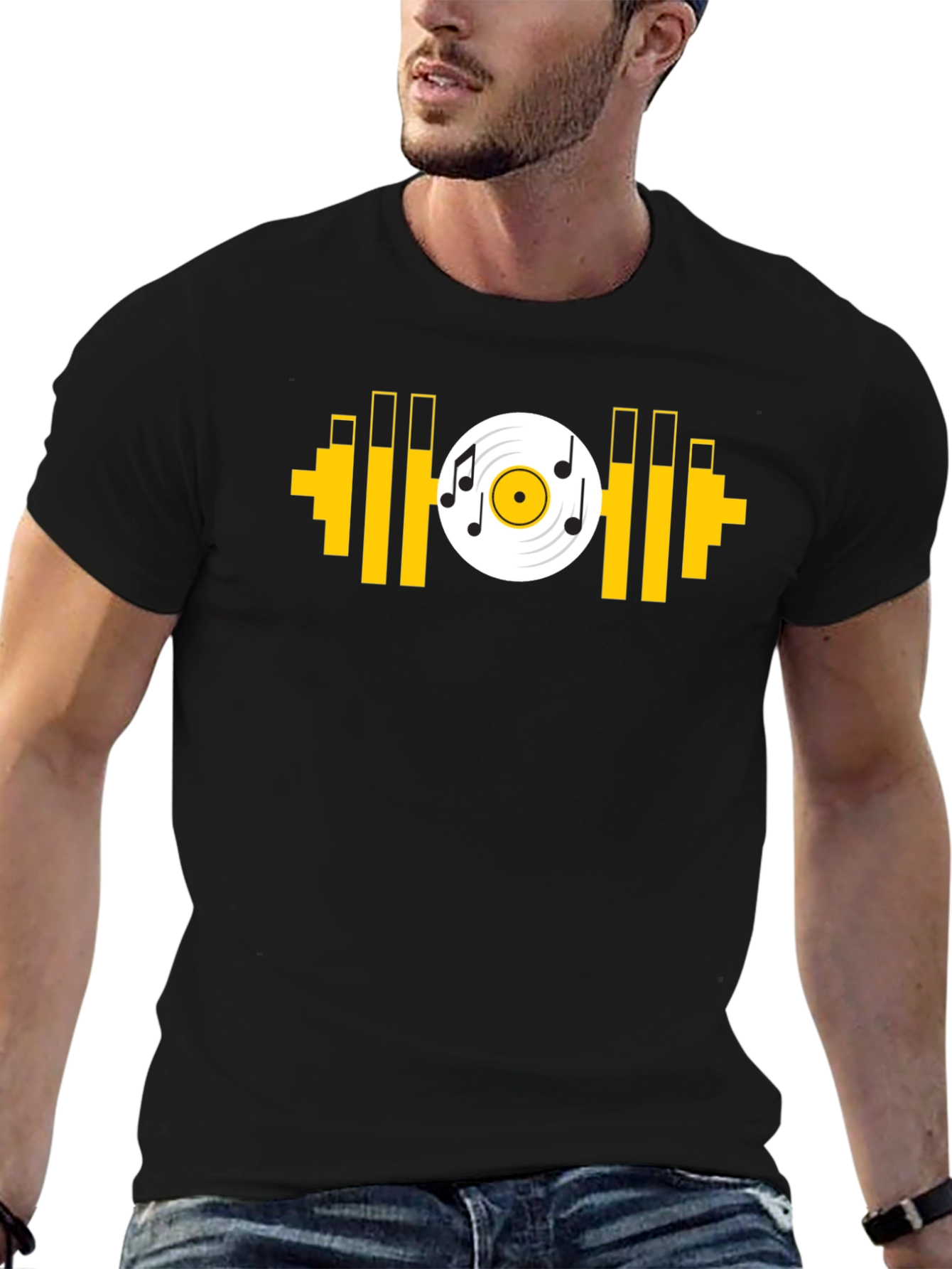 Music Gym T-Shirt: Black Tee with Dumbbell Vinyl Graphic