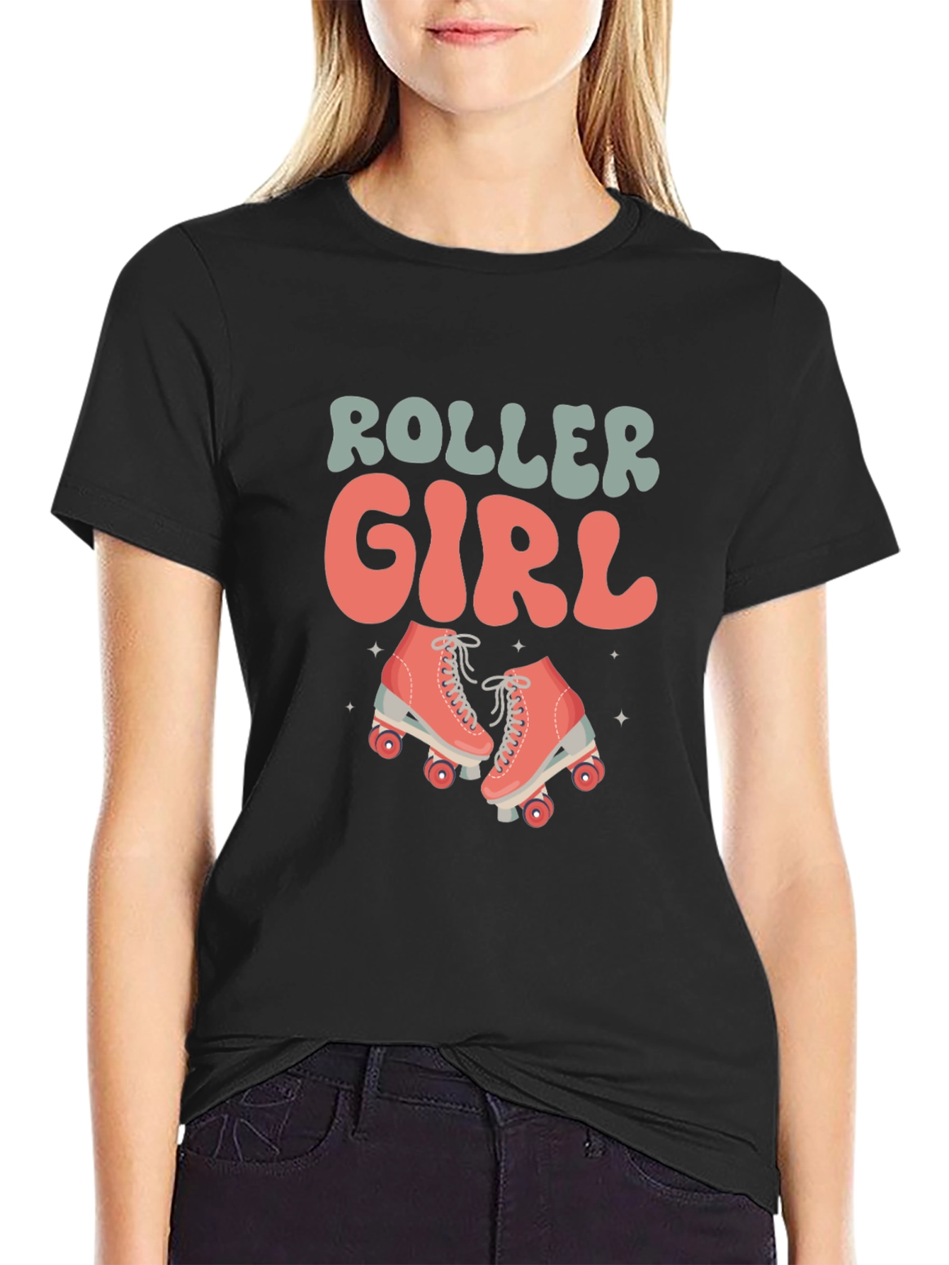 Retro Roller Girl Black T-Shirt