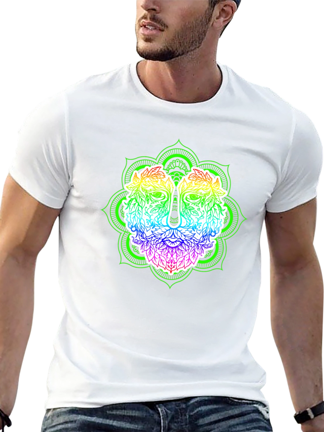 Rainbow Green Man Mandala Black T-Shirt