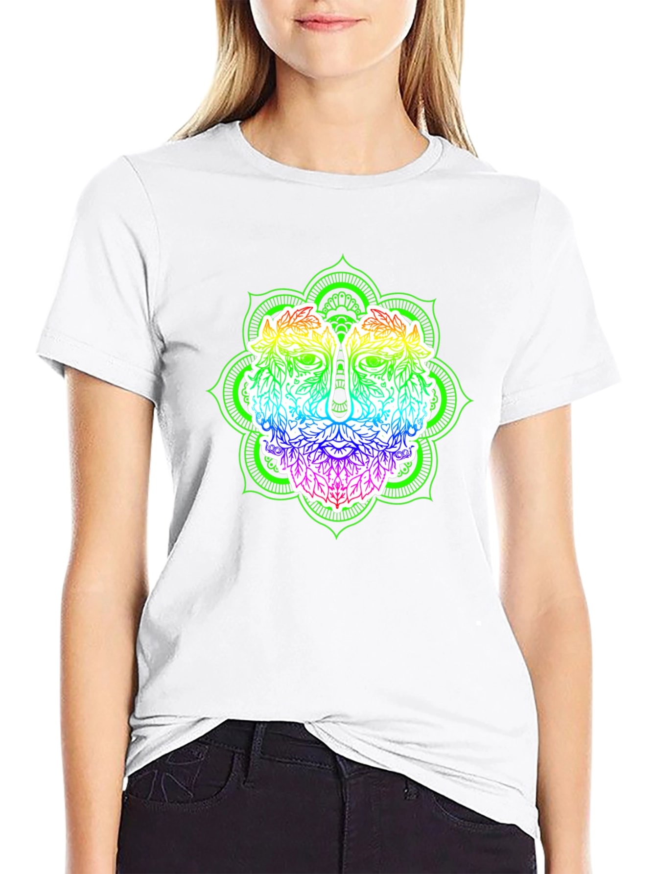 Rainbow Green Man Mandala Black T-Shirt