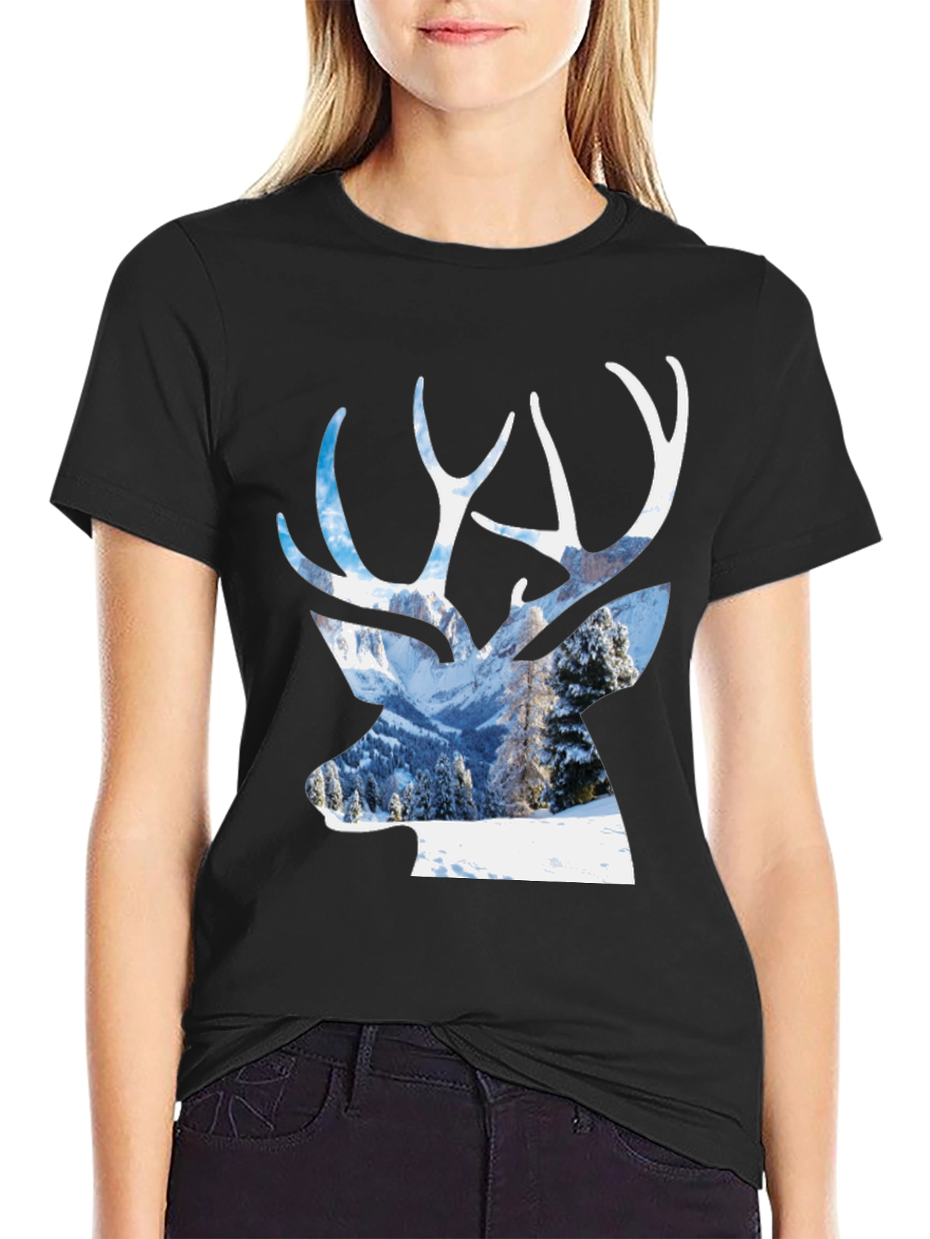 Deer Silhouette Winter Scene Graphic T-Shirt