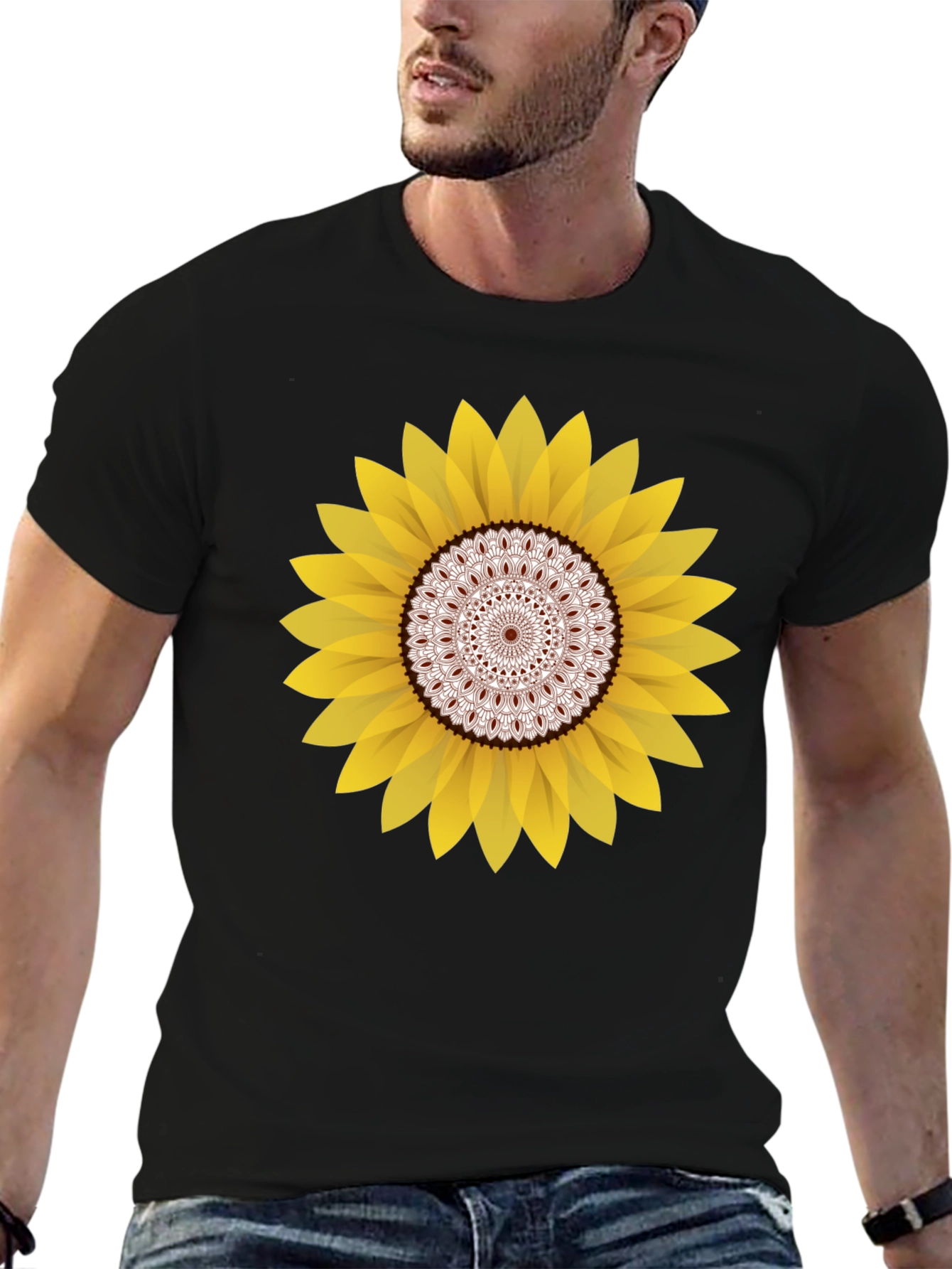 Sunflower Mandala Graphic Black T-Shirt