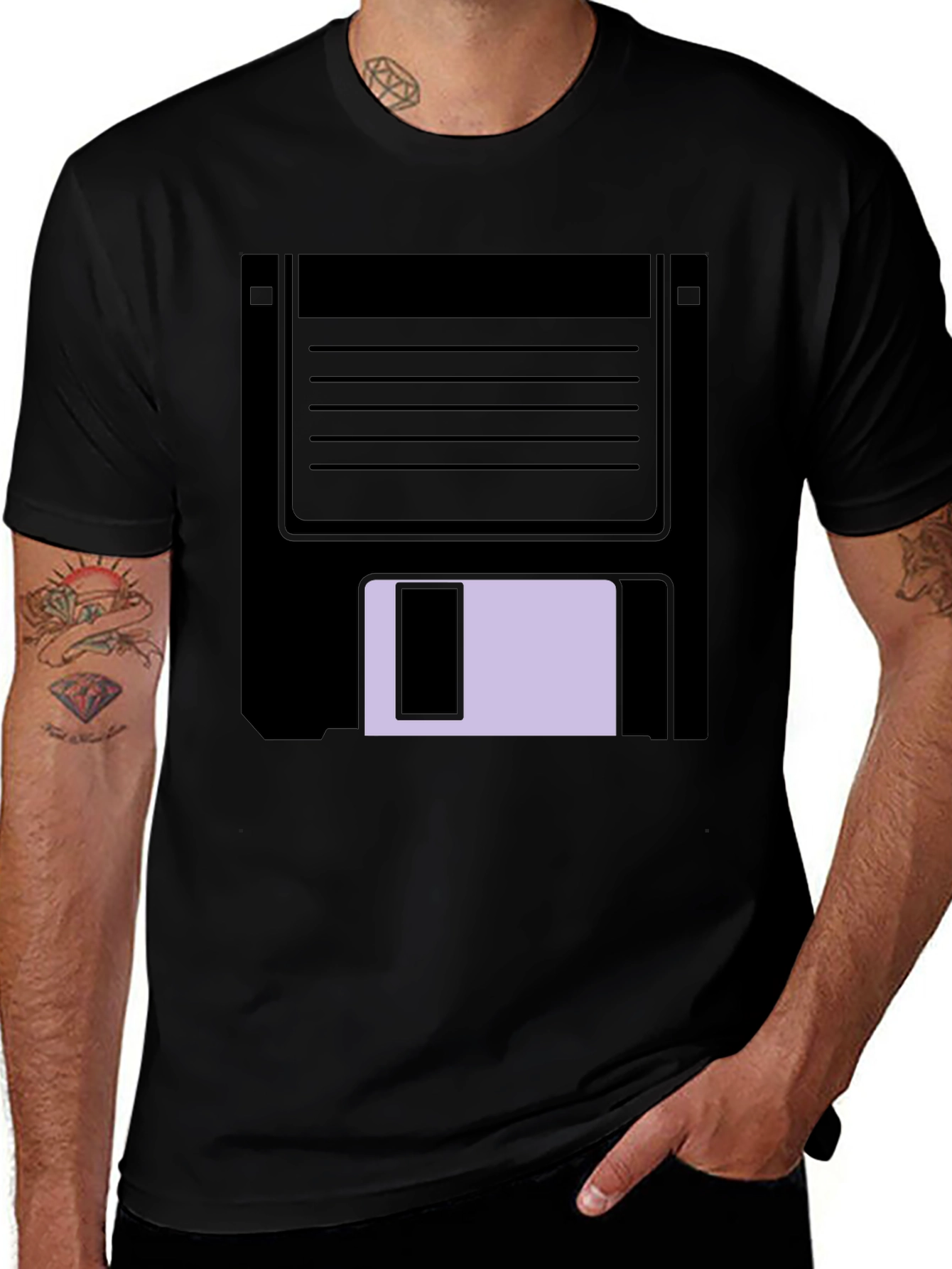 Retro Floppy Disk Graphic Tee - Black Casual T-Shirt