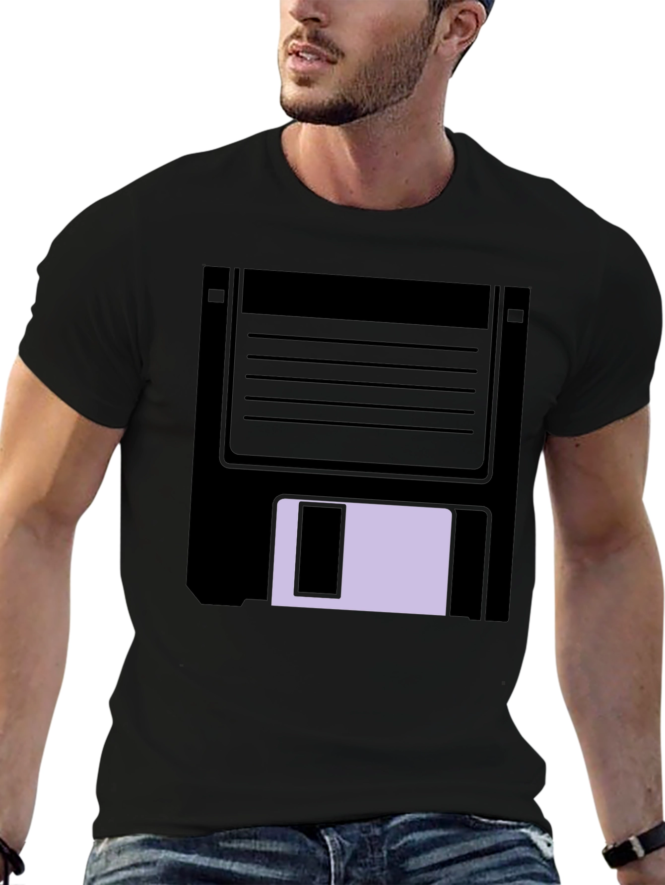 Retro Floppy Disk Graphic Tee - Black Casual T-Shirt