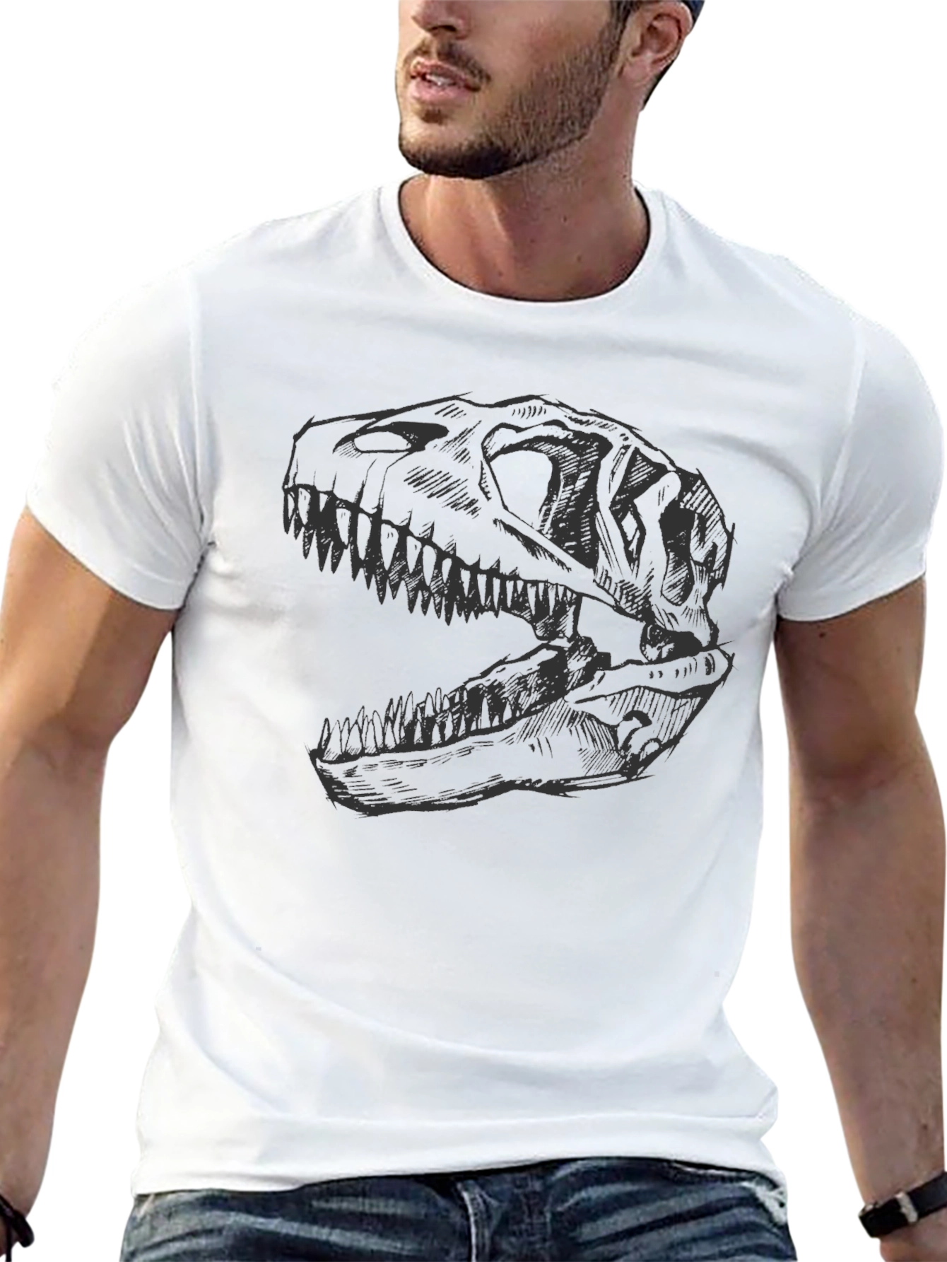 Dinosaur Skull Graphic Tee - Black Cotton T-Shirt