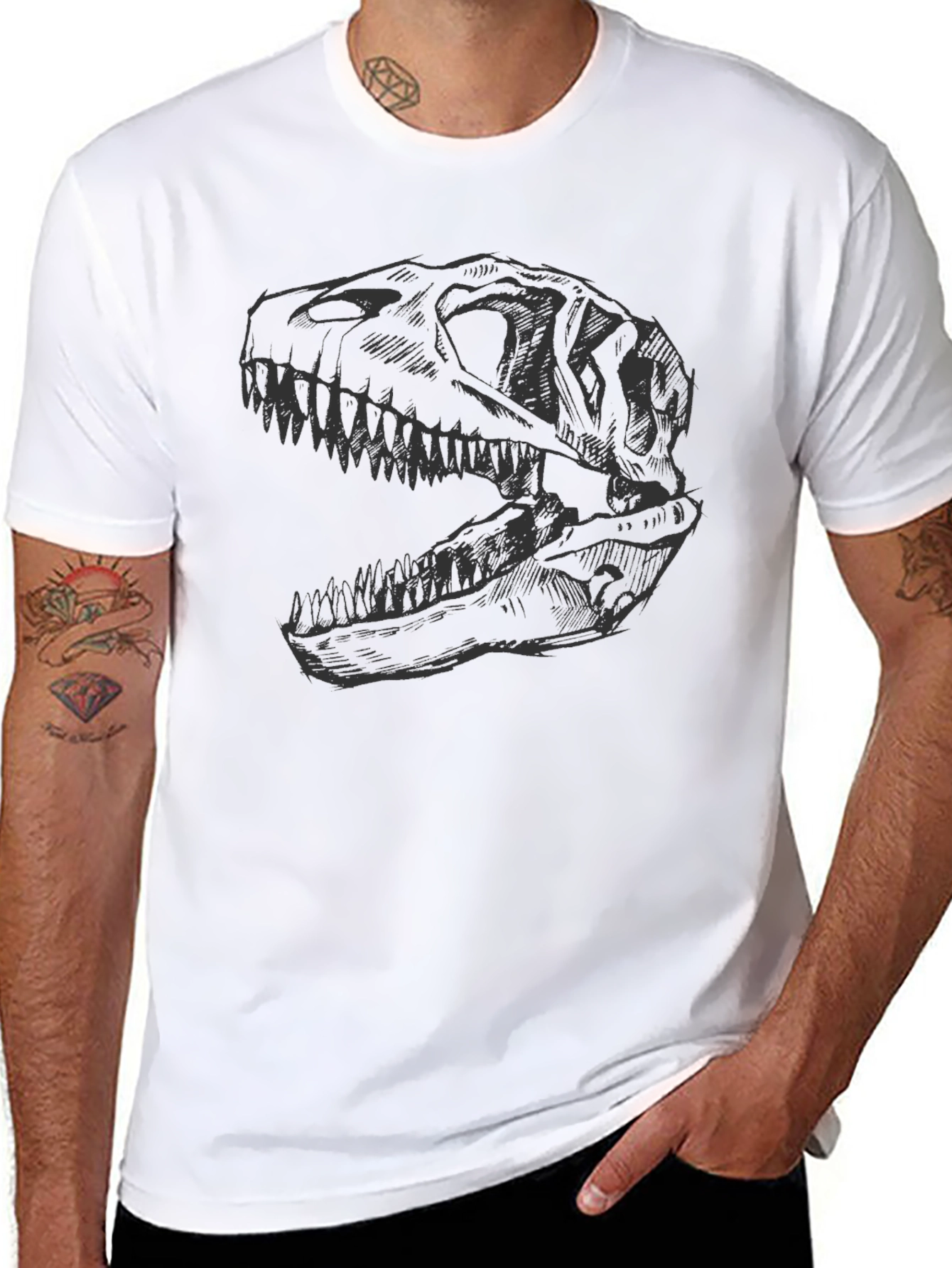 Dinosaur Skull Graphic Tee - Black Cotton T-Shirt