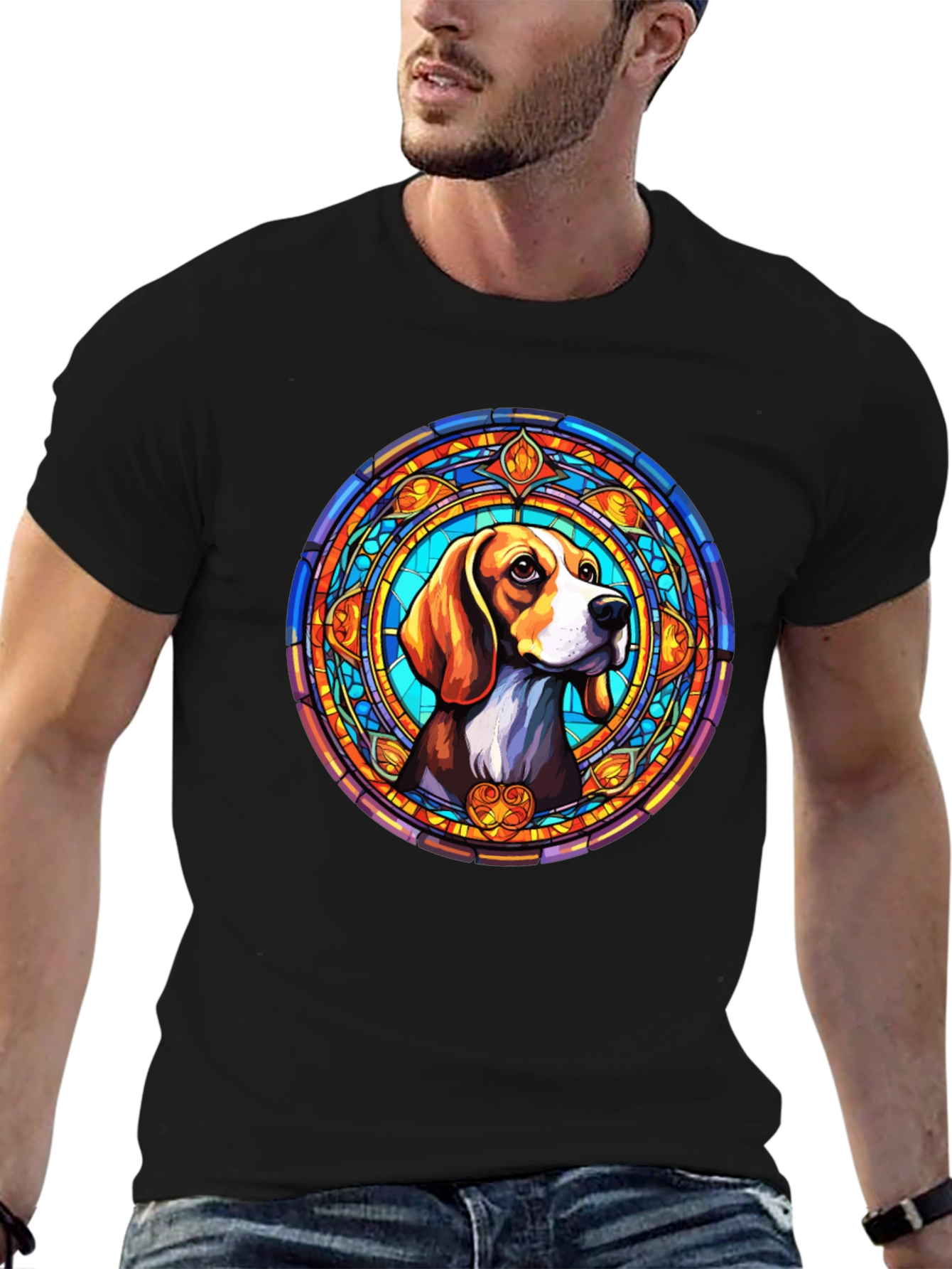 Stained Glass Beagle Dog Graphic T-Shirt
