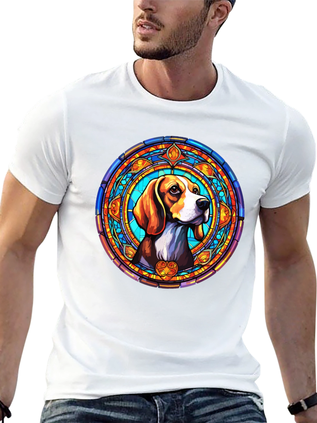 Stained Glass Beagle Dog Graphic T-Shirt