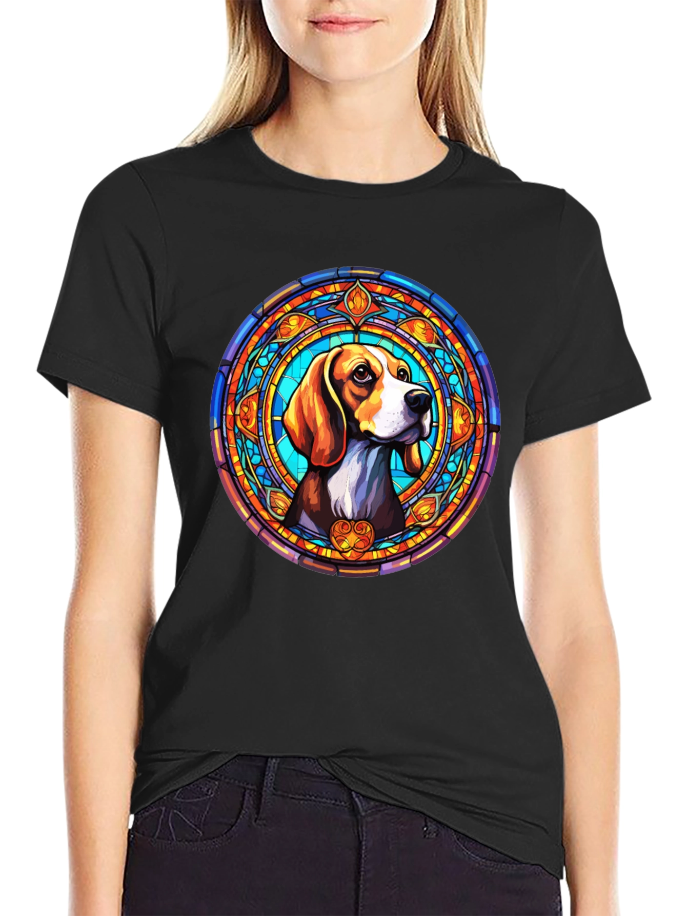 Stained Glass Beagle Dog Graphic T-Shirt