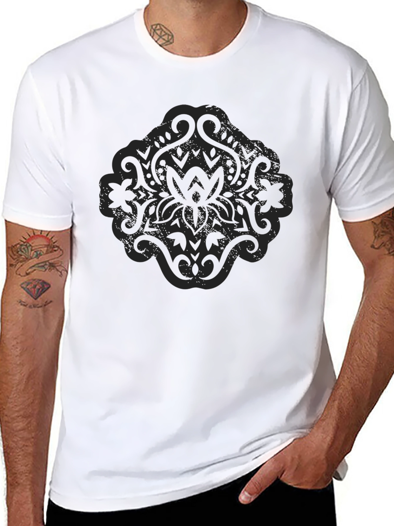 Black T-Shirt with Lotus Style Graphic Design