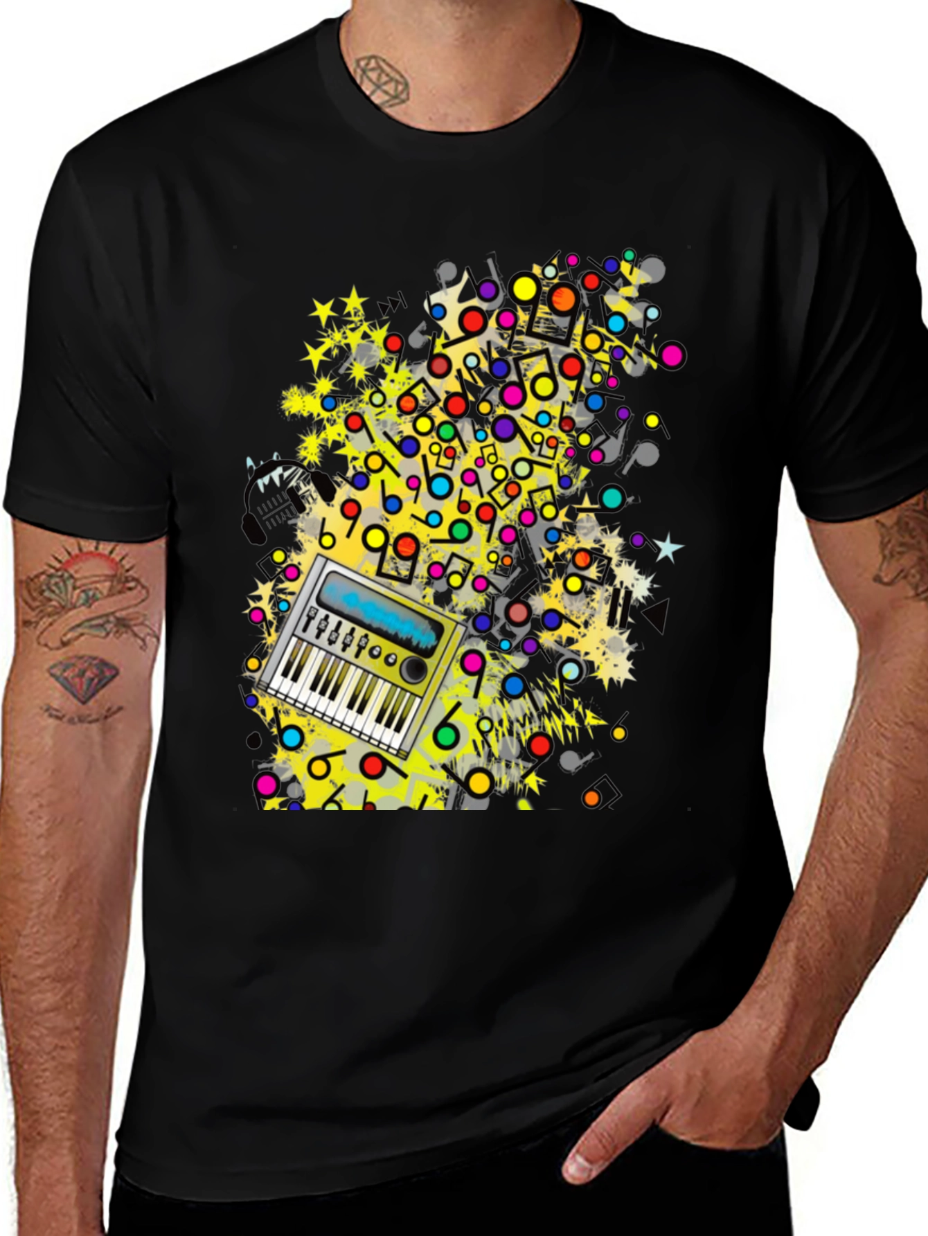 Music Keyboard Graphic Print Mens Black T-Shirt