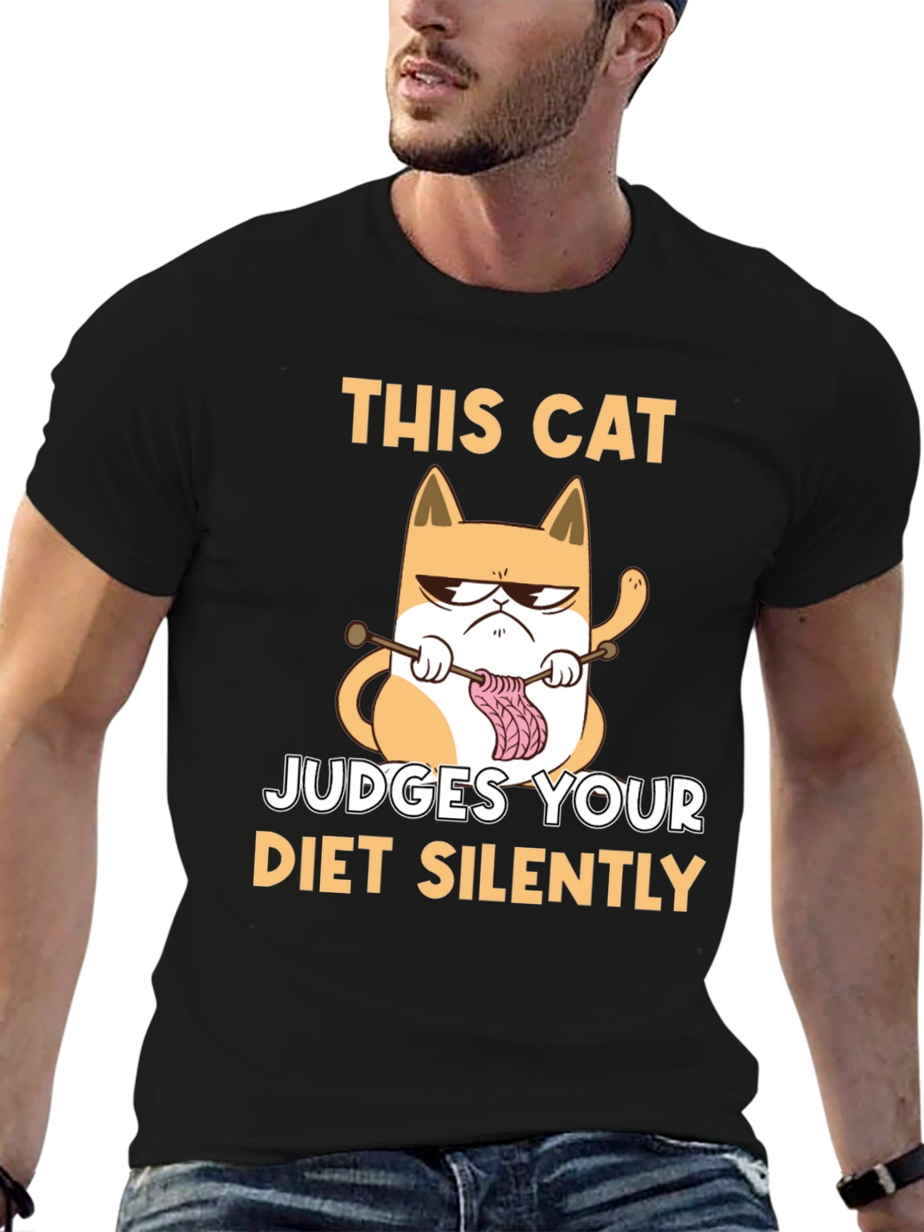 Funny Cat Knitter T-Shirt - Judges Your Diet Silently