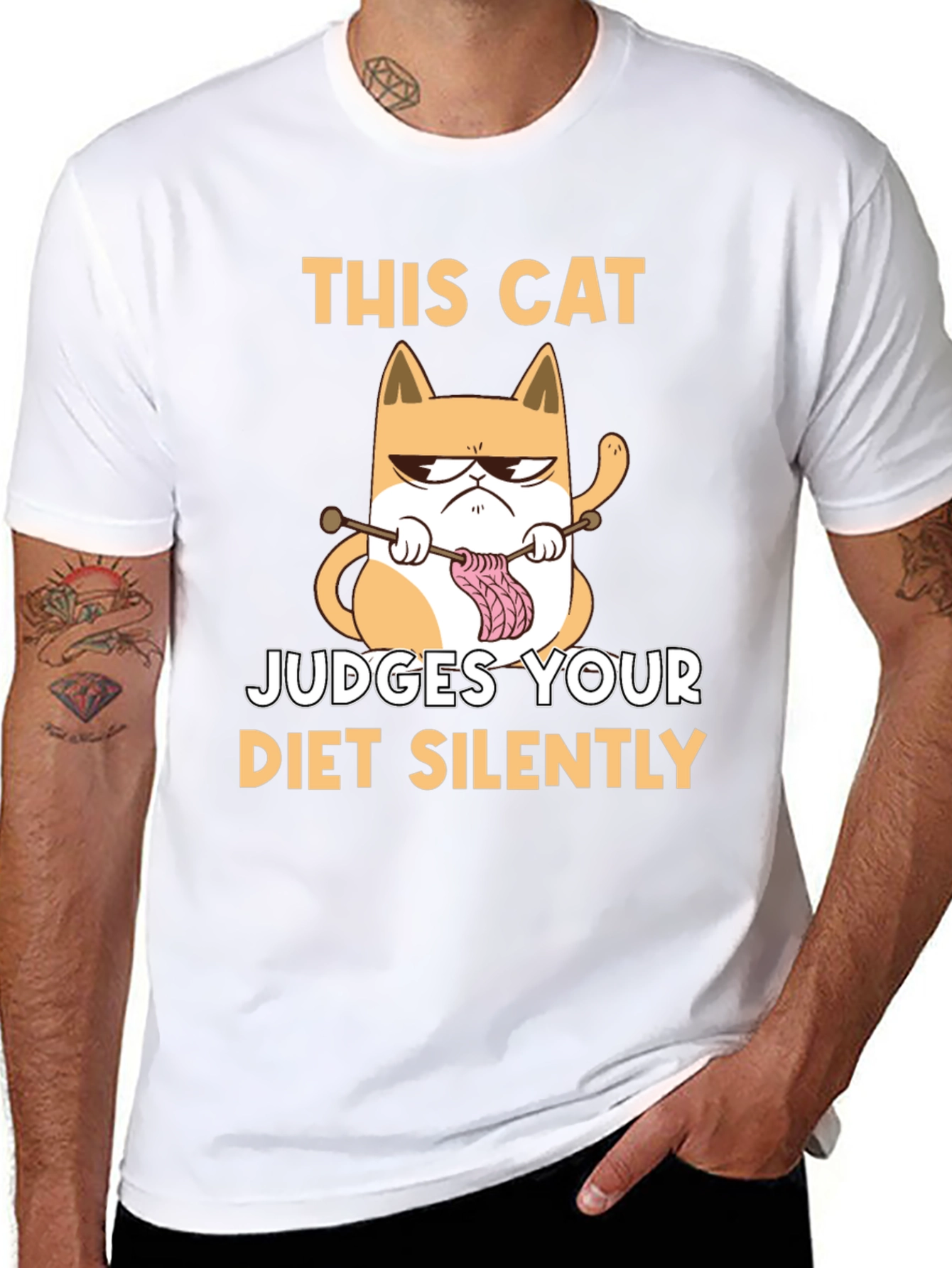 Funny Cat Knitter T-Shirt - Judges Your Diet Silently