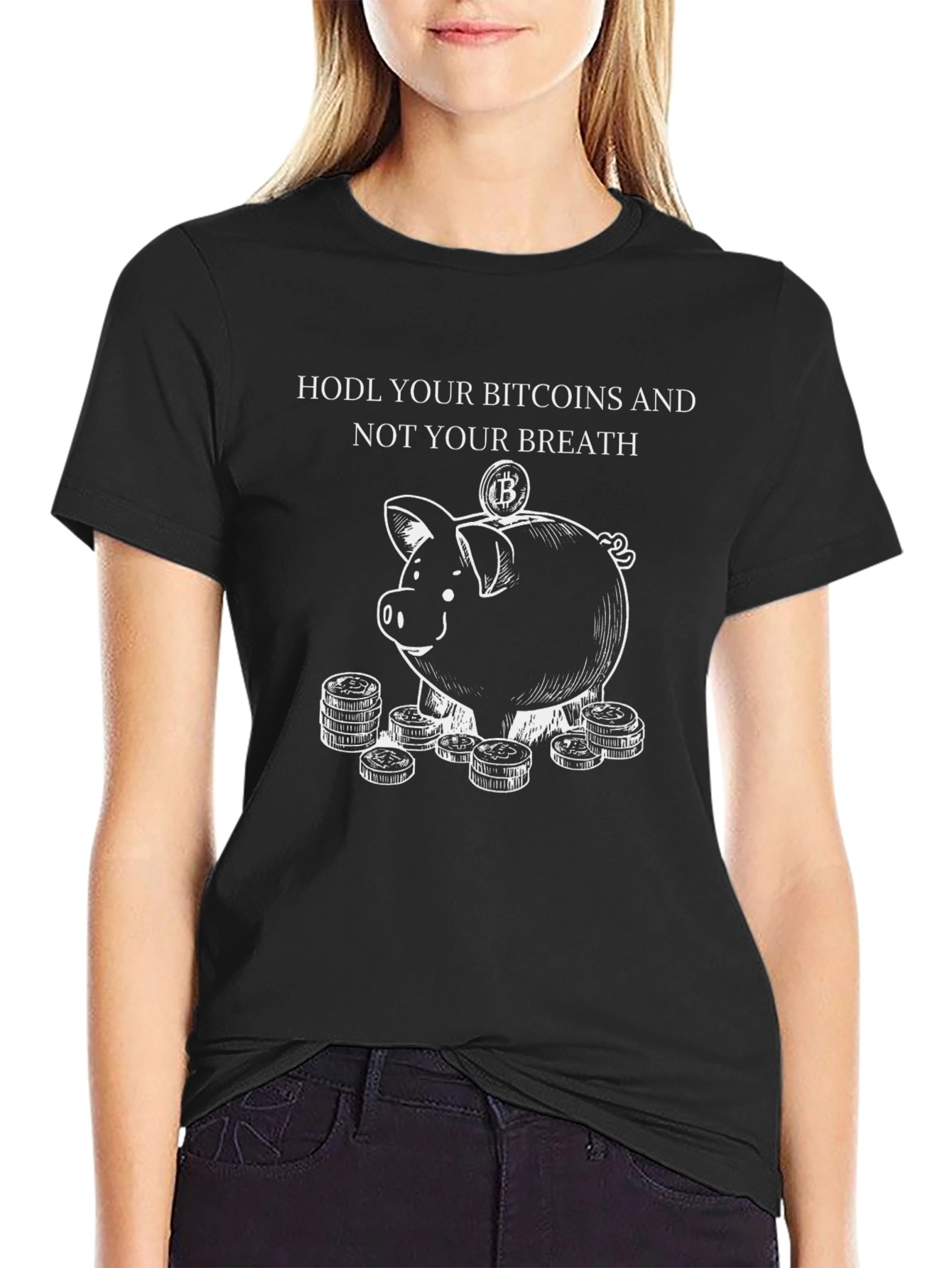 HODL Bitcoin Piggy Bank Black Graphic T-Shirt