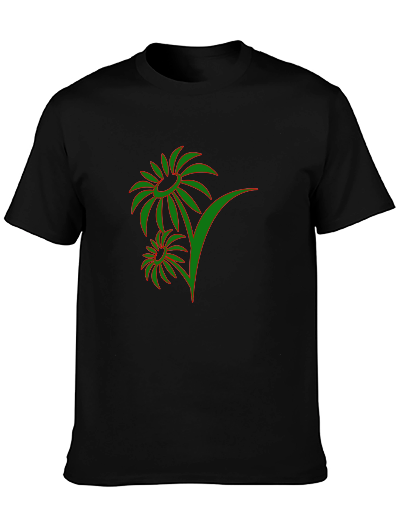 Mens Black T-Shirt with Green Floral Design