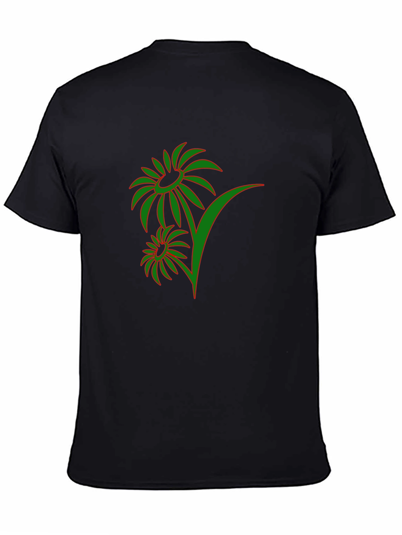 Mens Black T-Shirt with Green Floral Design