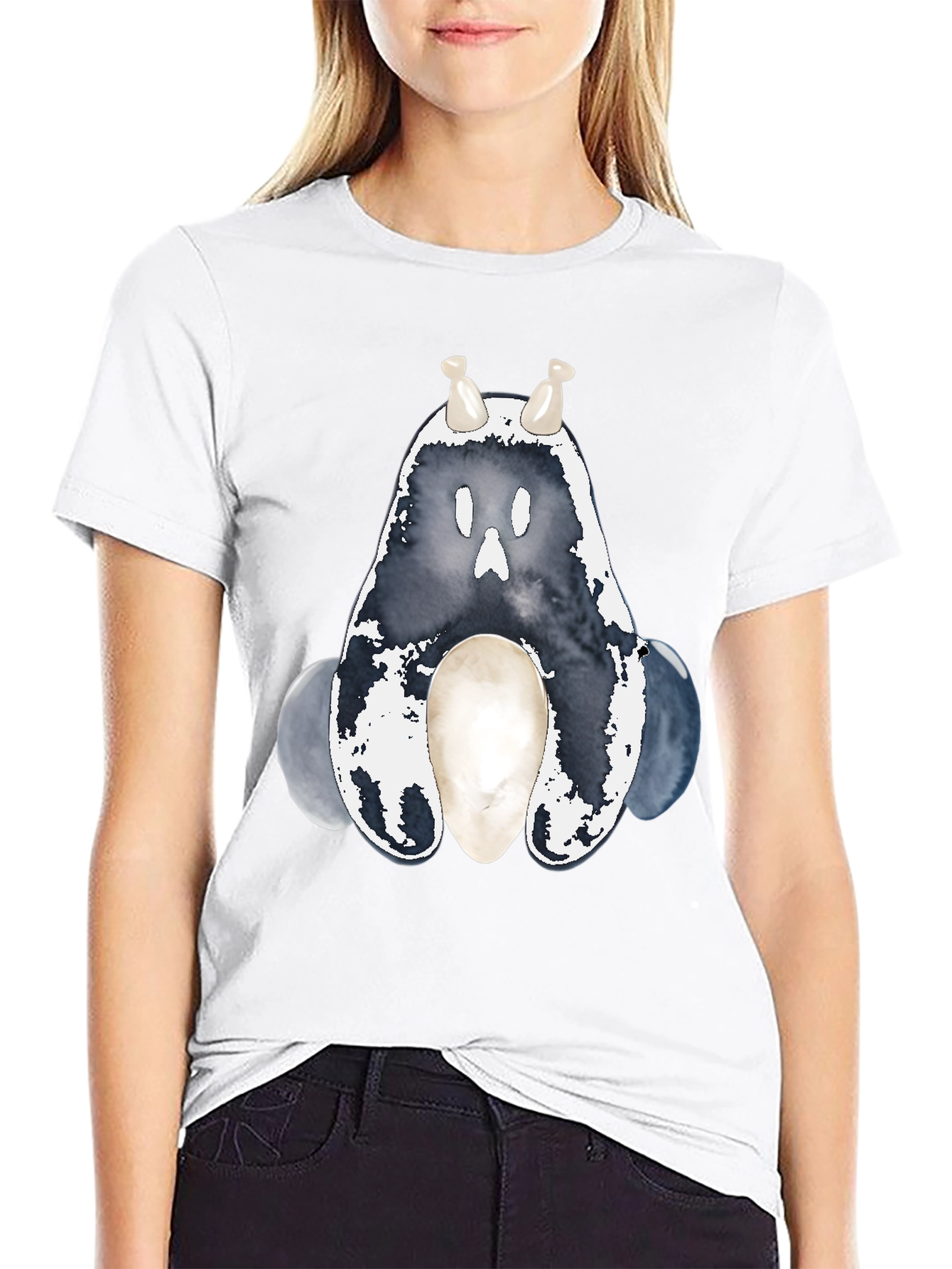 Ghostly Cute Creature Graphic Tee - Black