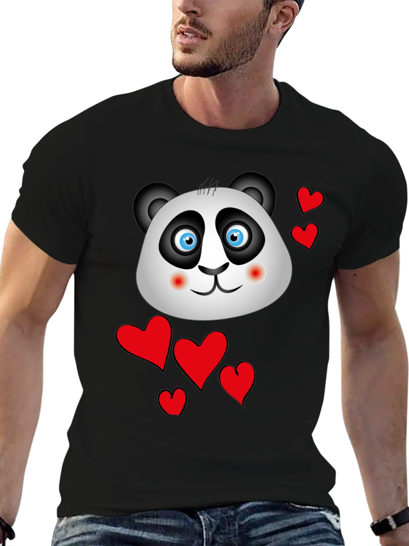 Cute Panda & Hearts Graphic Tee - Black
