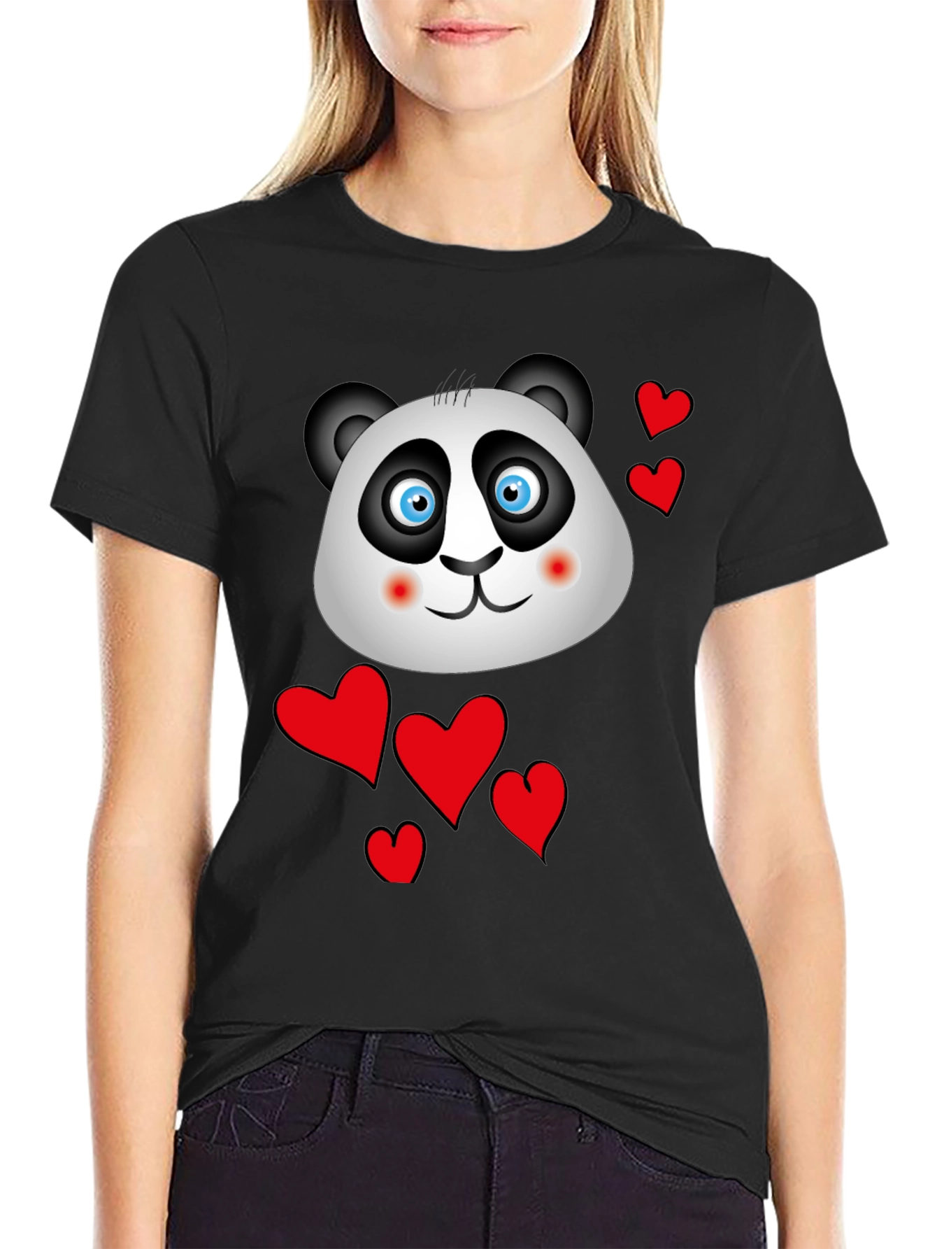 Cute Panda & Hearts Graphic Tee - Black