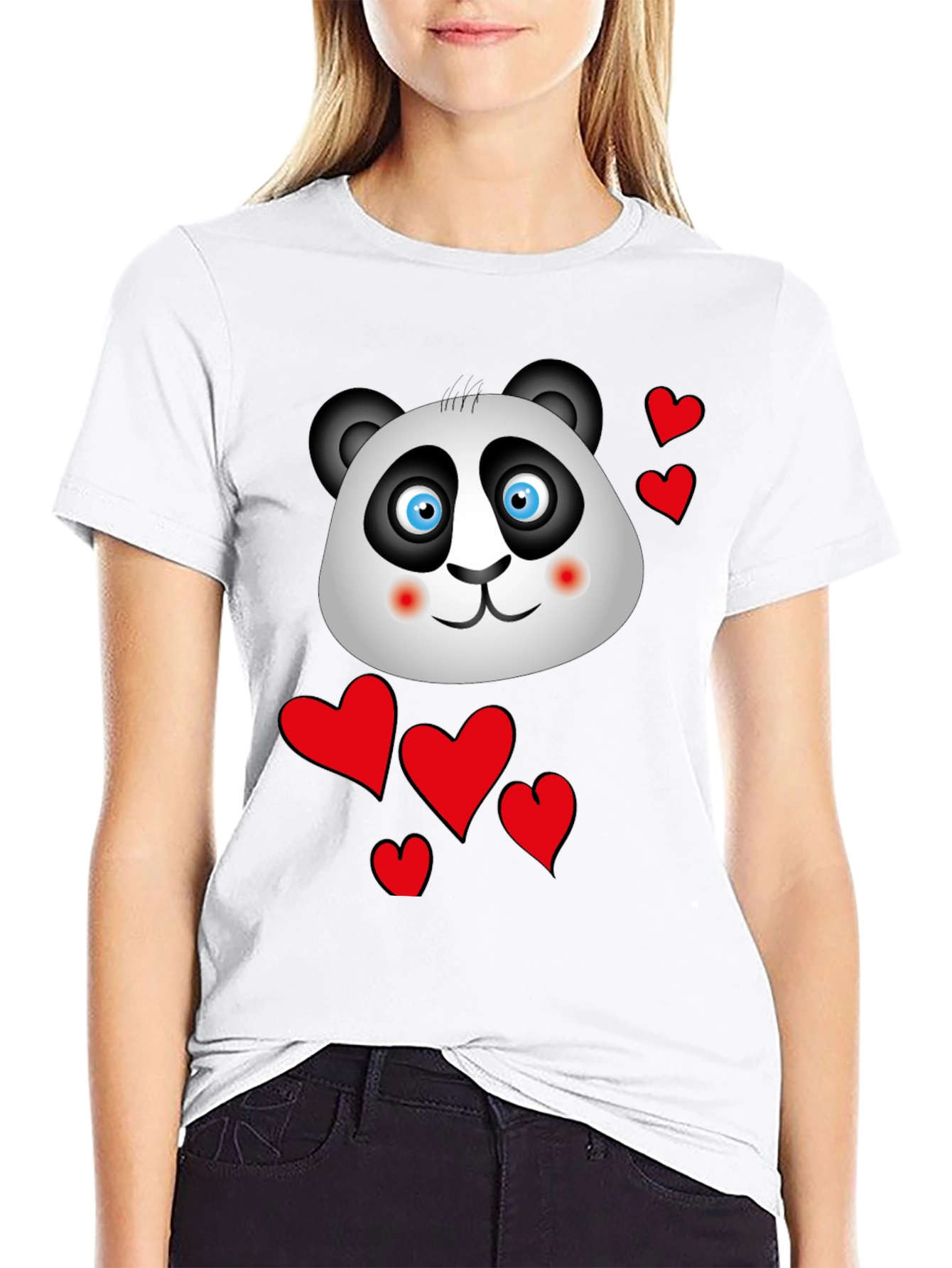 Cute Panda & Hearts Graphic Tee - Black