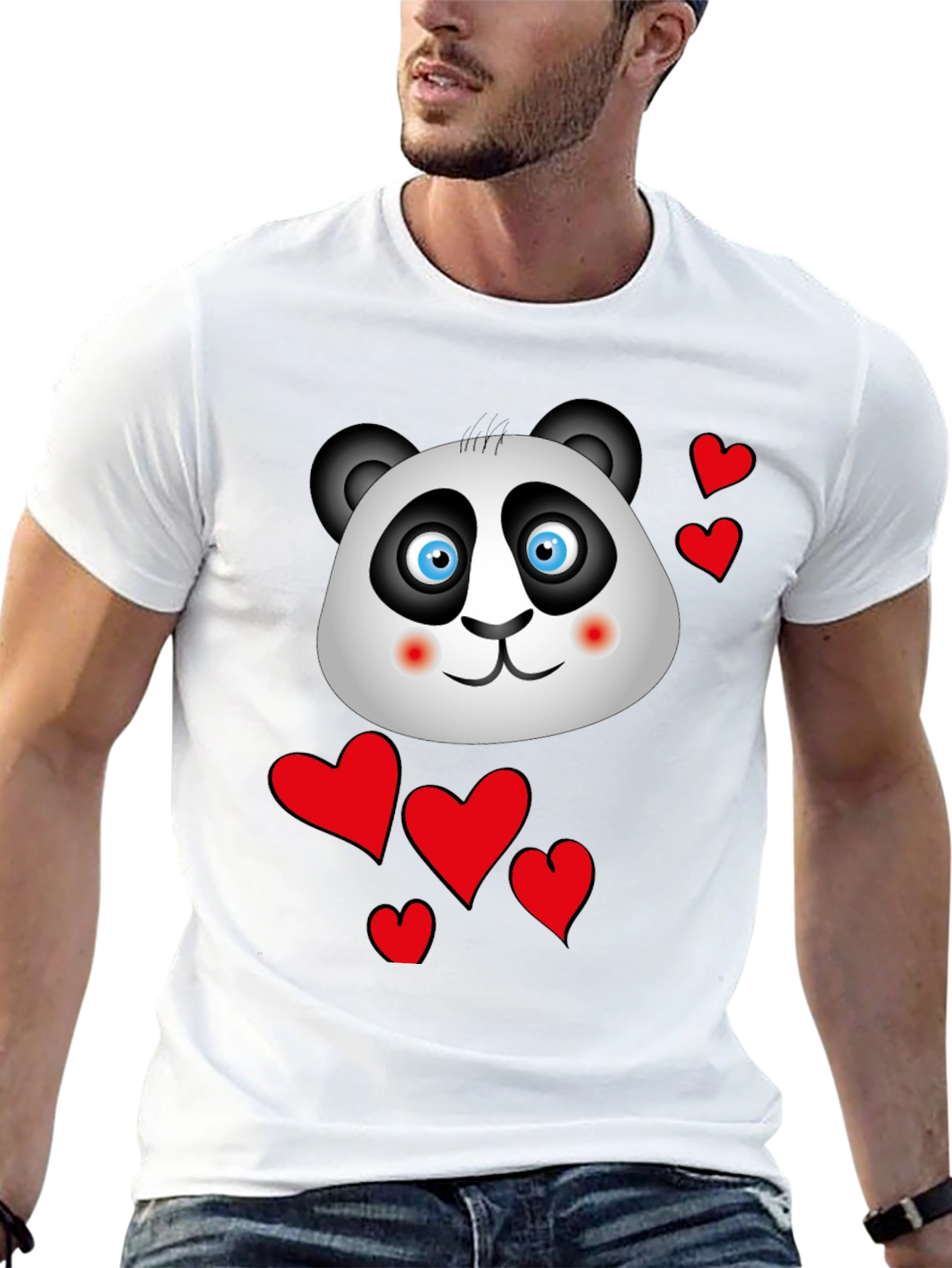 Cute Panda & Hearts Graphic Tee - Black