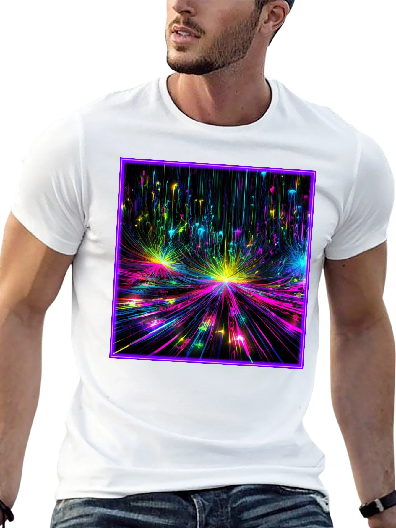 Abstract Neon Burst Graphic Tee - Black