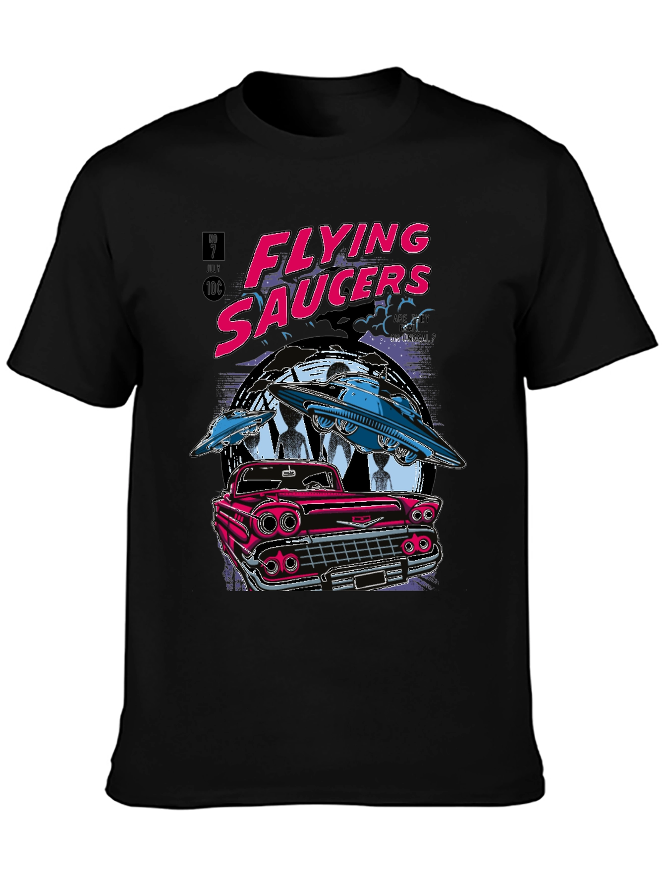 Flying Saucers Retro Graphic Tee - Sci-Fi Car T-Shirt