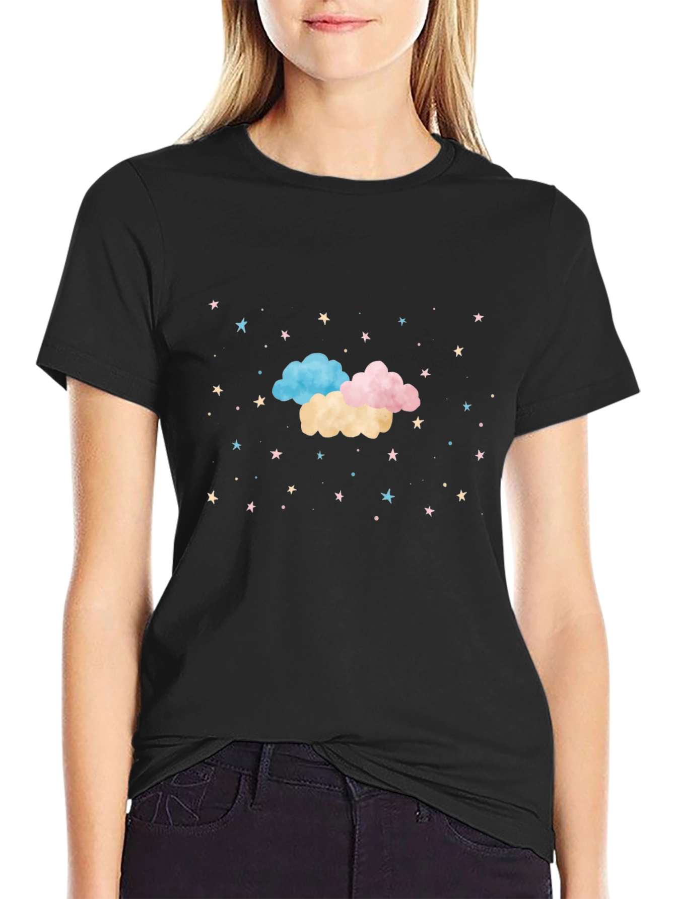 Dreamy Clouds & Stars Black T-Shirt