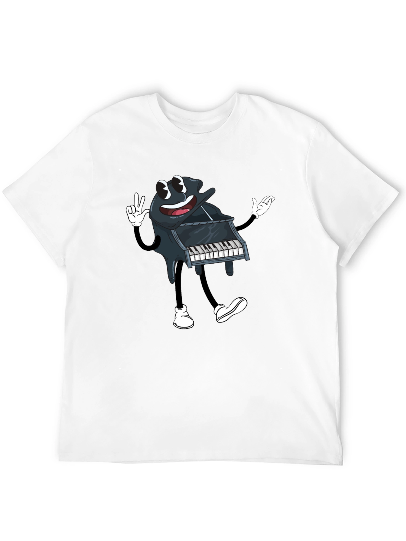 Cartoon Piano Graphic Tee - Black Cotton T-Shirt