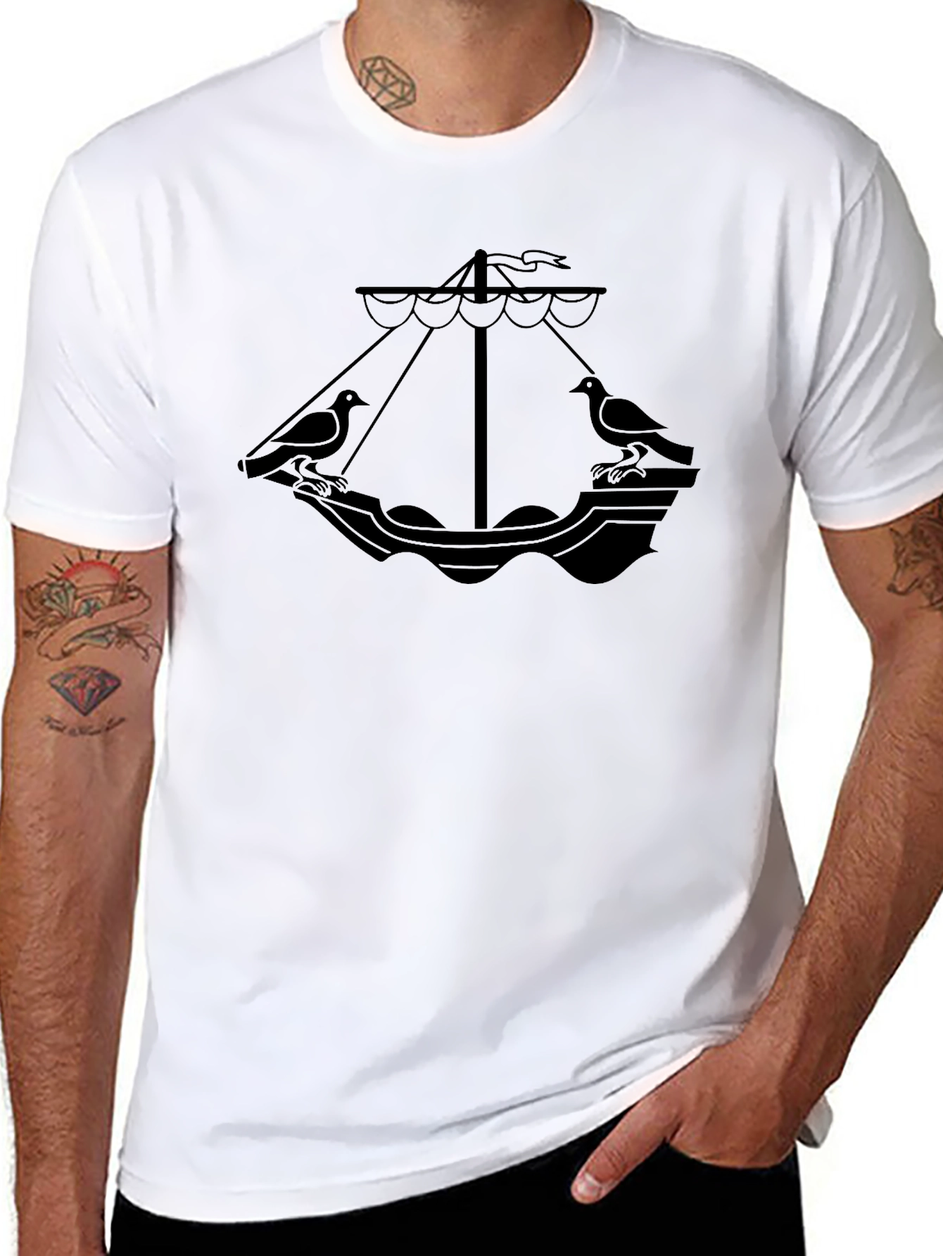 Black T-Shirt with Nautical Dove Boat Graphic