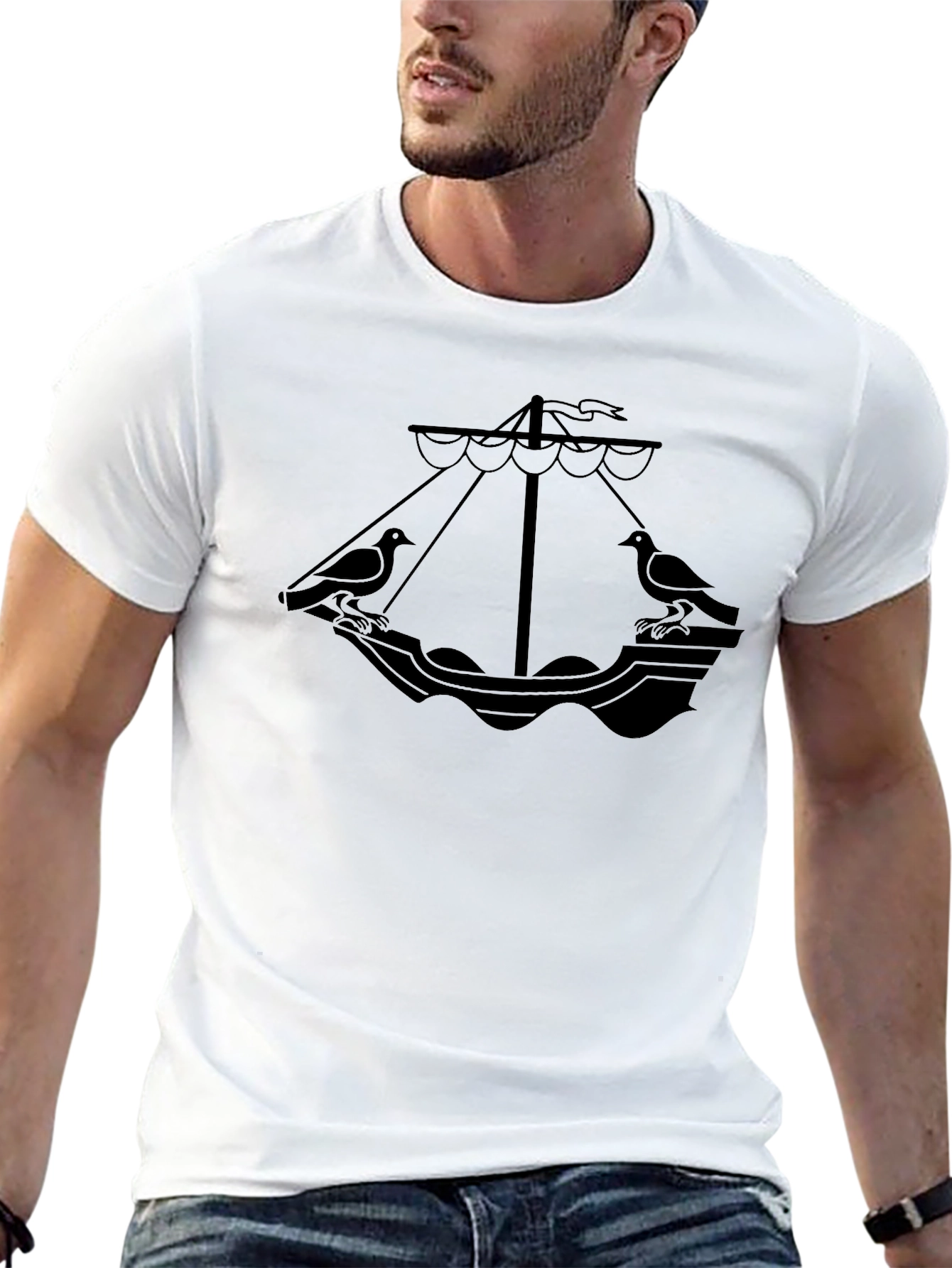 Black T-Shirt with Nautical Dove Boat Graphic