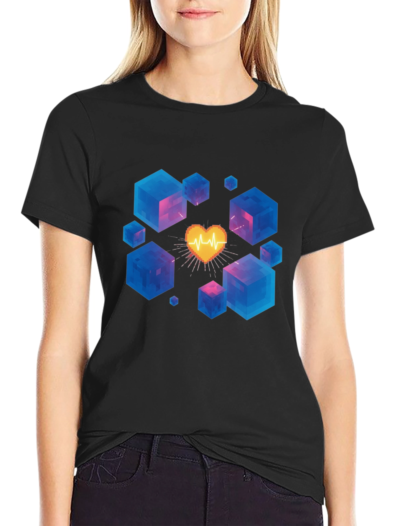 Pixel Heartbeat Cube Graphic Tee - Trendy & Unique!