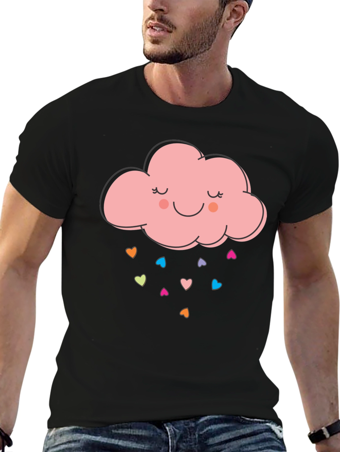 Cute Cloud Heart Rain Graphic Tee - Black