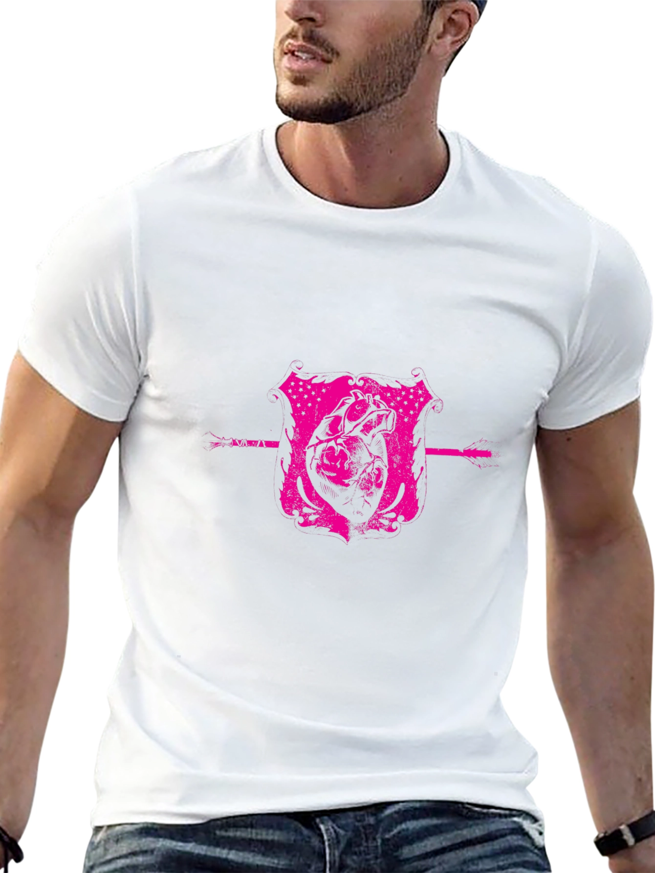 Pink Heart Crest Graphic Black T-Shirt