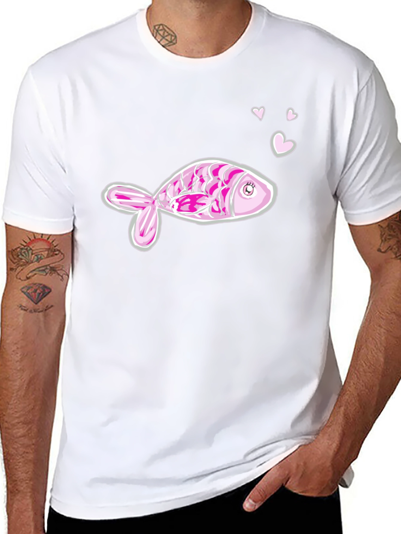 Pink Fish Graphic Tee - Mens Black Cotton T-Shirt
