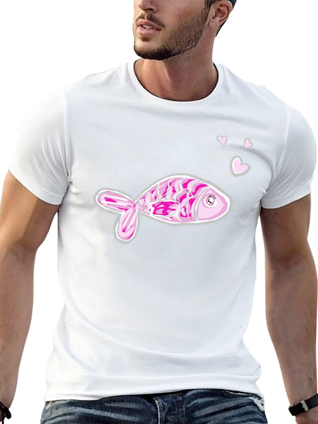 Pink Fish Graphic Tee - Mens Black Cotton T-Shirt