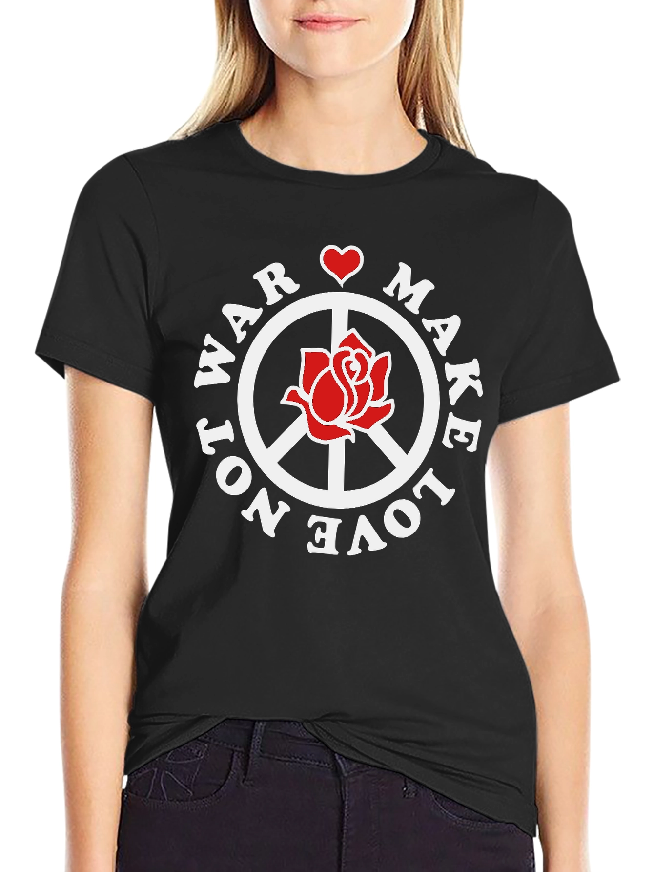 Make Love Not War T-Shirt Peace Sign Rose Graphic