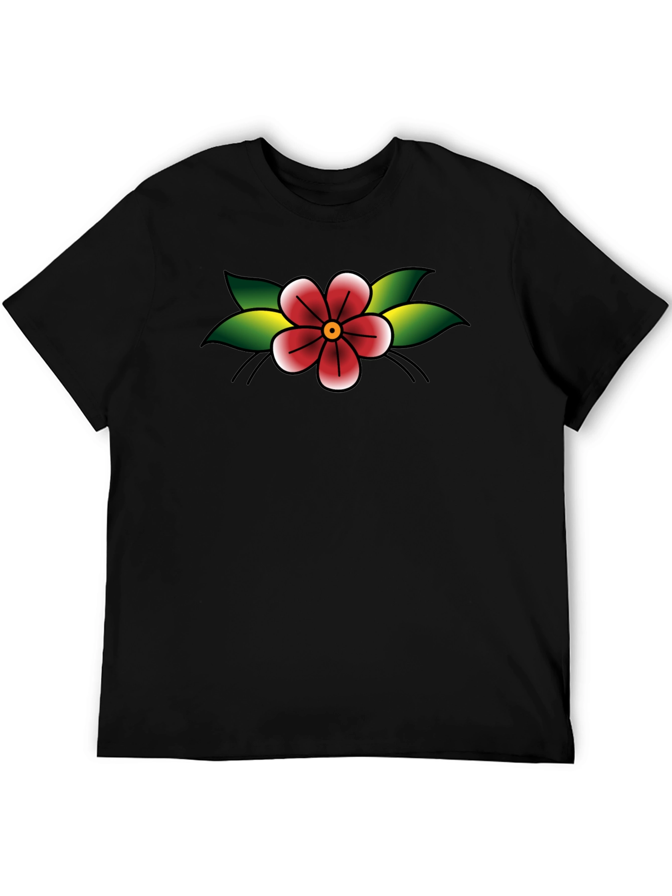 Black T-Shirt with Retro Flower Tattoo Design